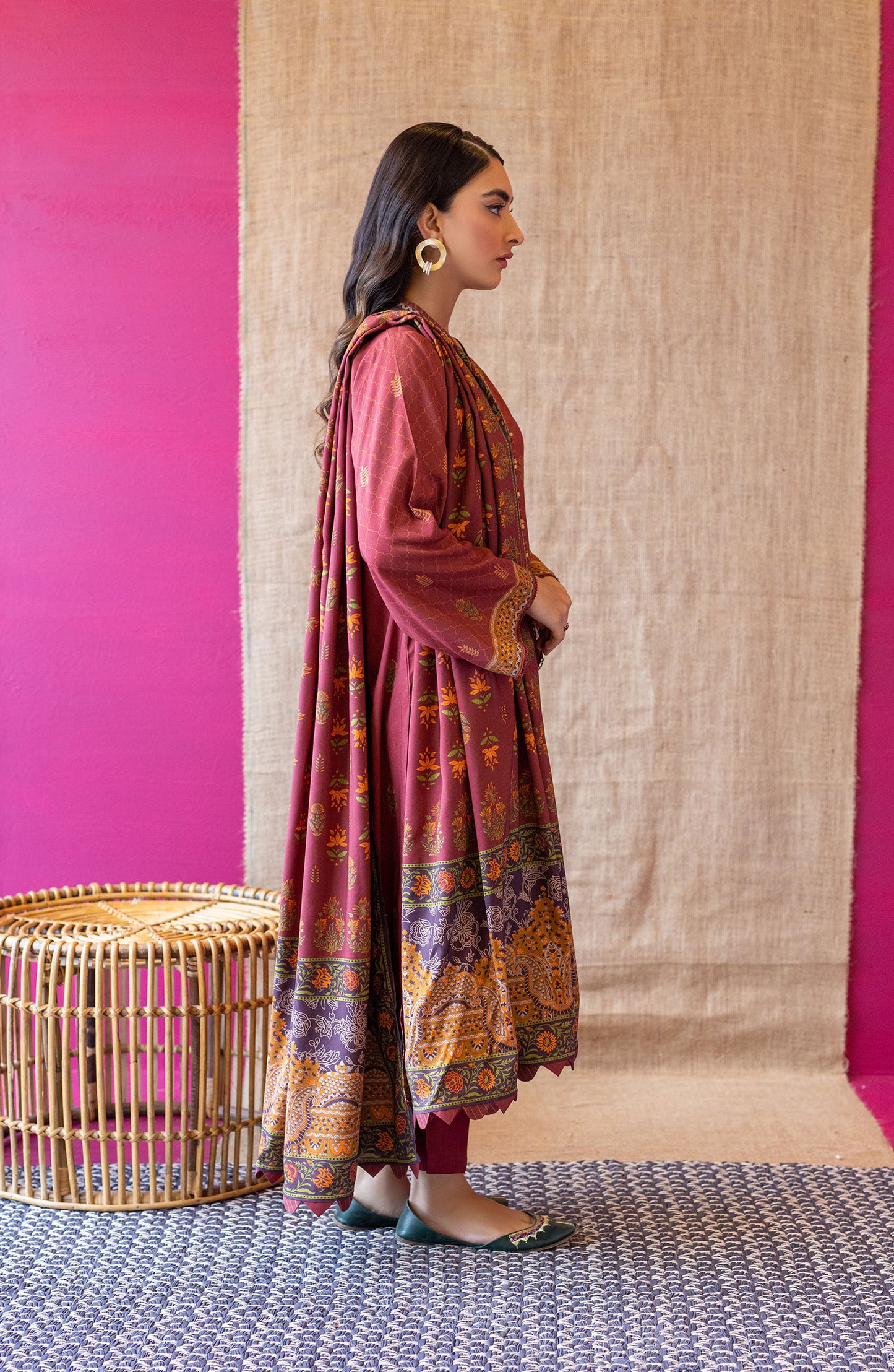 OTL-22-176/U Maroon LINEN  UNSTITCHED SHIRT DUPATTA PANTS