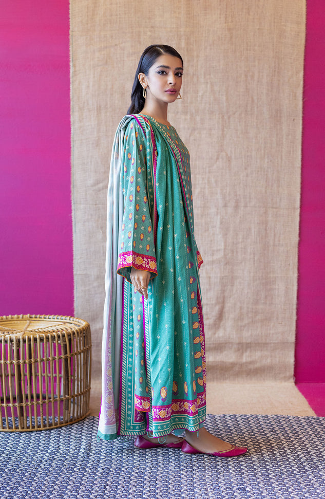 OTL-22-177/U GREEN LINEN  UNSTITCHED SHIRT DUPATTA PANTS