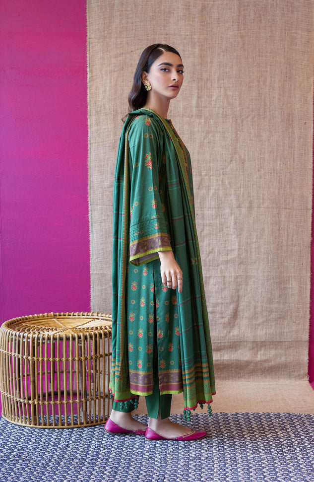 OTL-22-178/U GREEN LINEN  UNSTITCHED SHIRT DUPATTA PANTS