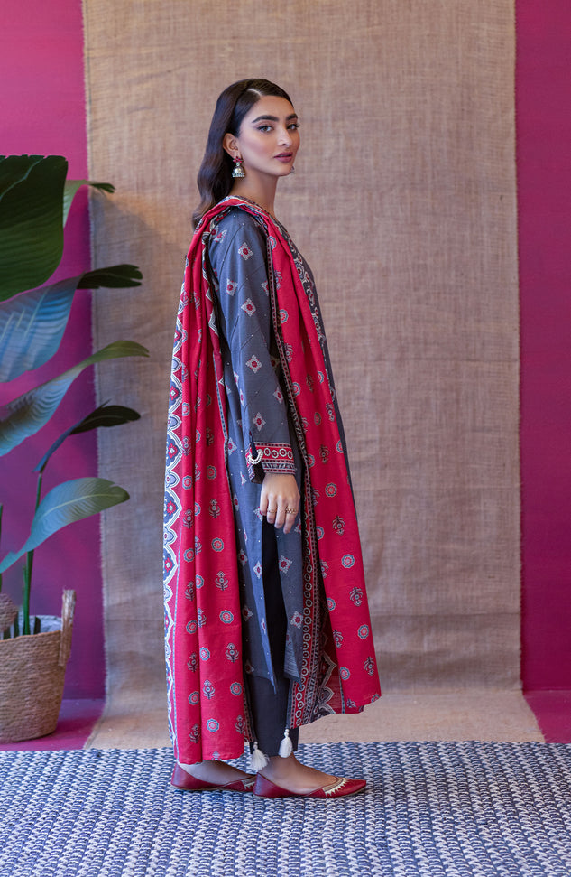 OTL-22-241/U GREY KHADDAR  UNSTITCHED SHIRT DUPATTA PANTS