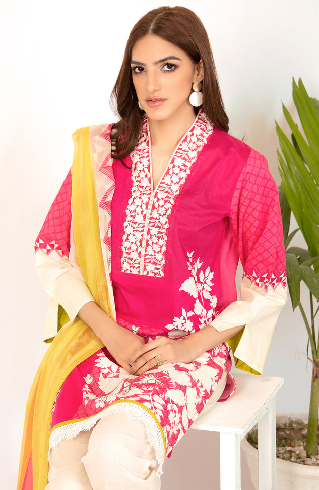 Unstitched 2 Piece Embroidered Lawn Shirt & Chiffon Dupatta