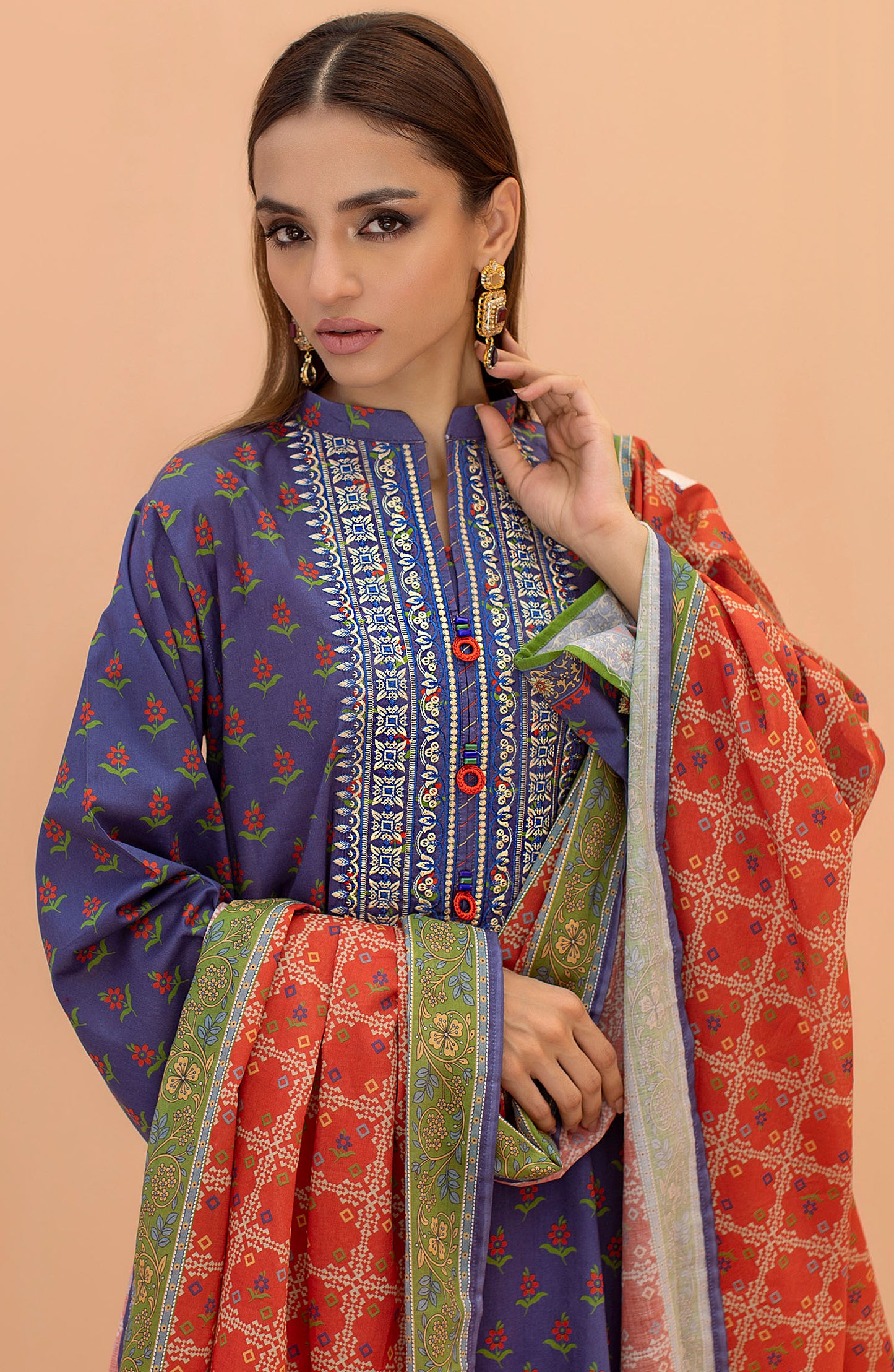 Stitched 3 Piece Embroidered Cambric Shirt , Cambric Pant and Lawn Dupatta