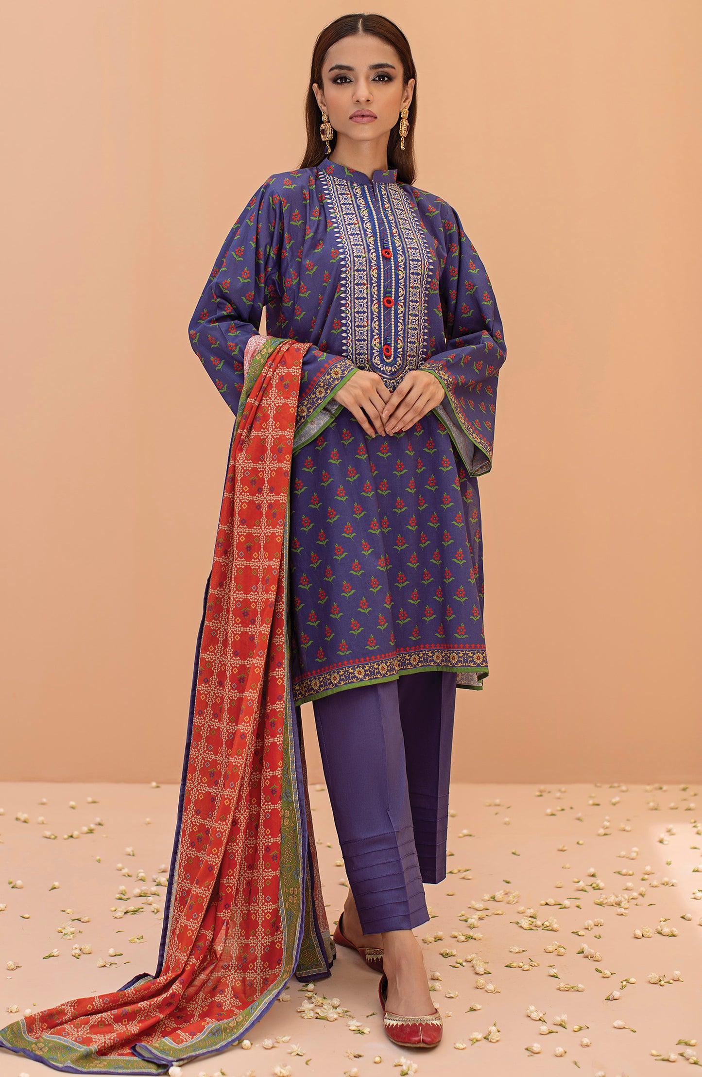 Stitched 3 Piece Embroidered Cambric Shirt , Cambric Pant and Lawn Dupatta