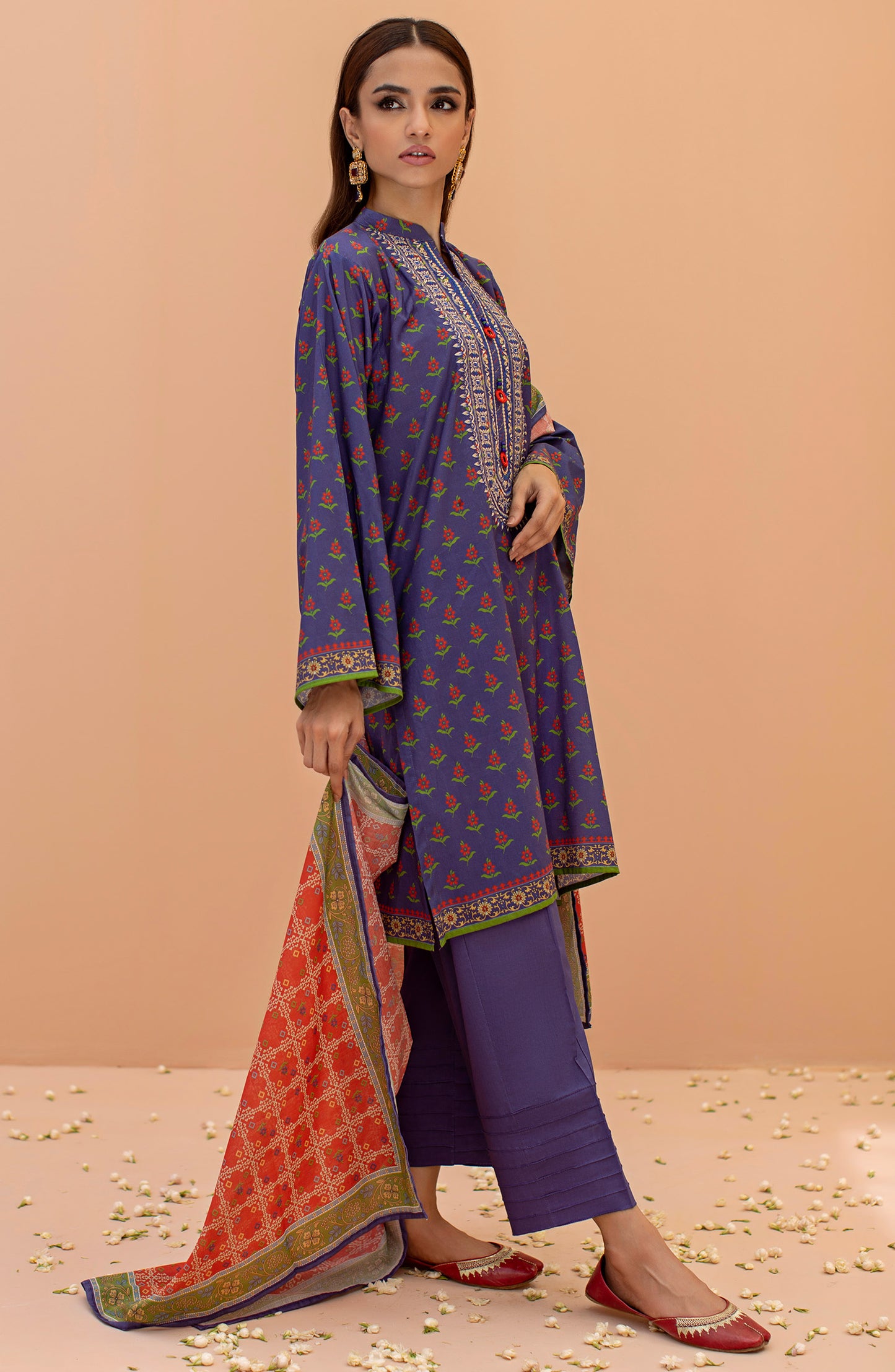 Stitched 3 Piece Embroidered Cambric Shirt , Cambric Pant and Lawn Dupatta