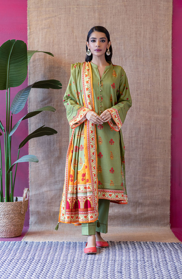 OTL-22-146/U GREEN KHADDAR  UNSTITCHED SHIRT DUPATTA PANTS