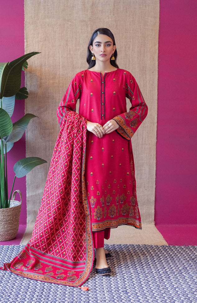 OTL-22-149/U RED KHADDAR  UNSTITCHED SHIRT DUPATTA PANTS