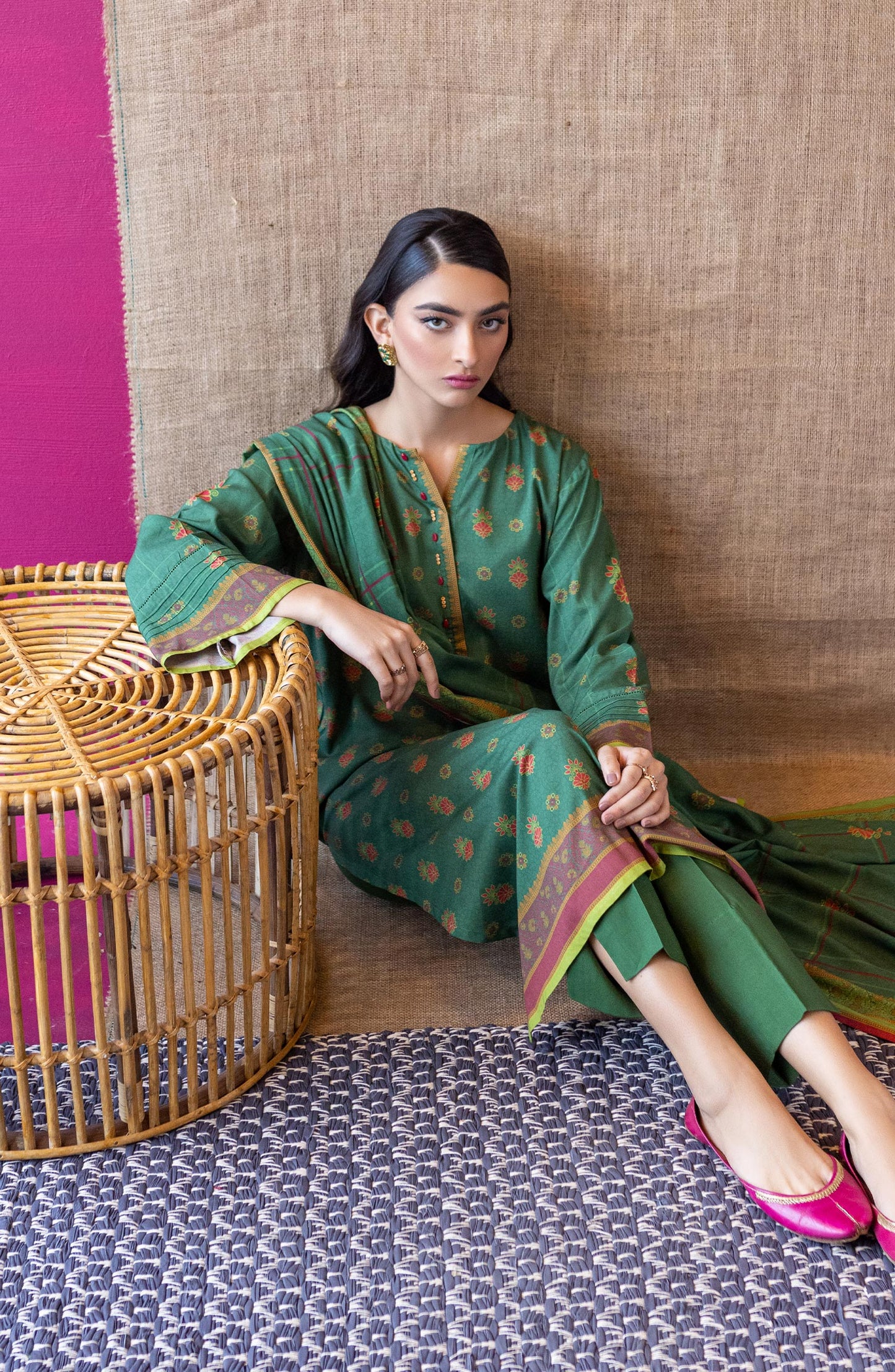 OTL-22-178/U GREEN LINEN  UNSTITCHED SHIRT DUPATTA PANTS