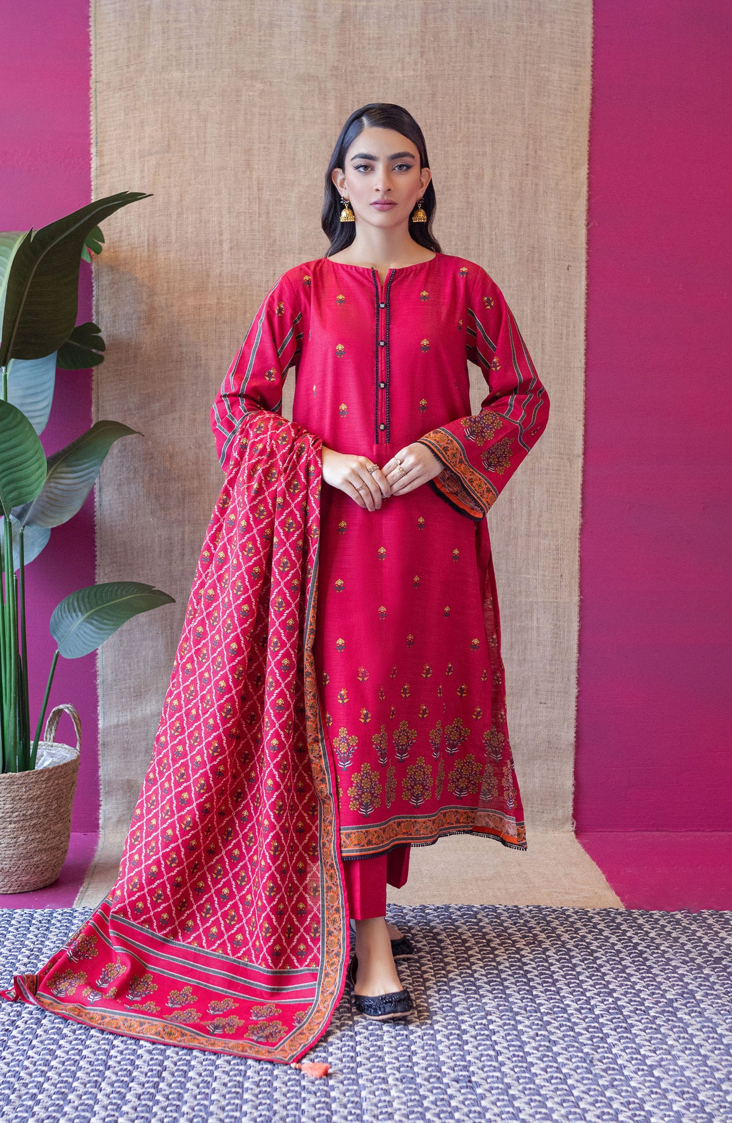 Stitched 3 Piece Printed Khaddar Shirt , Khaddar Pant and Khaddar Dupatta