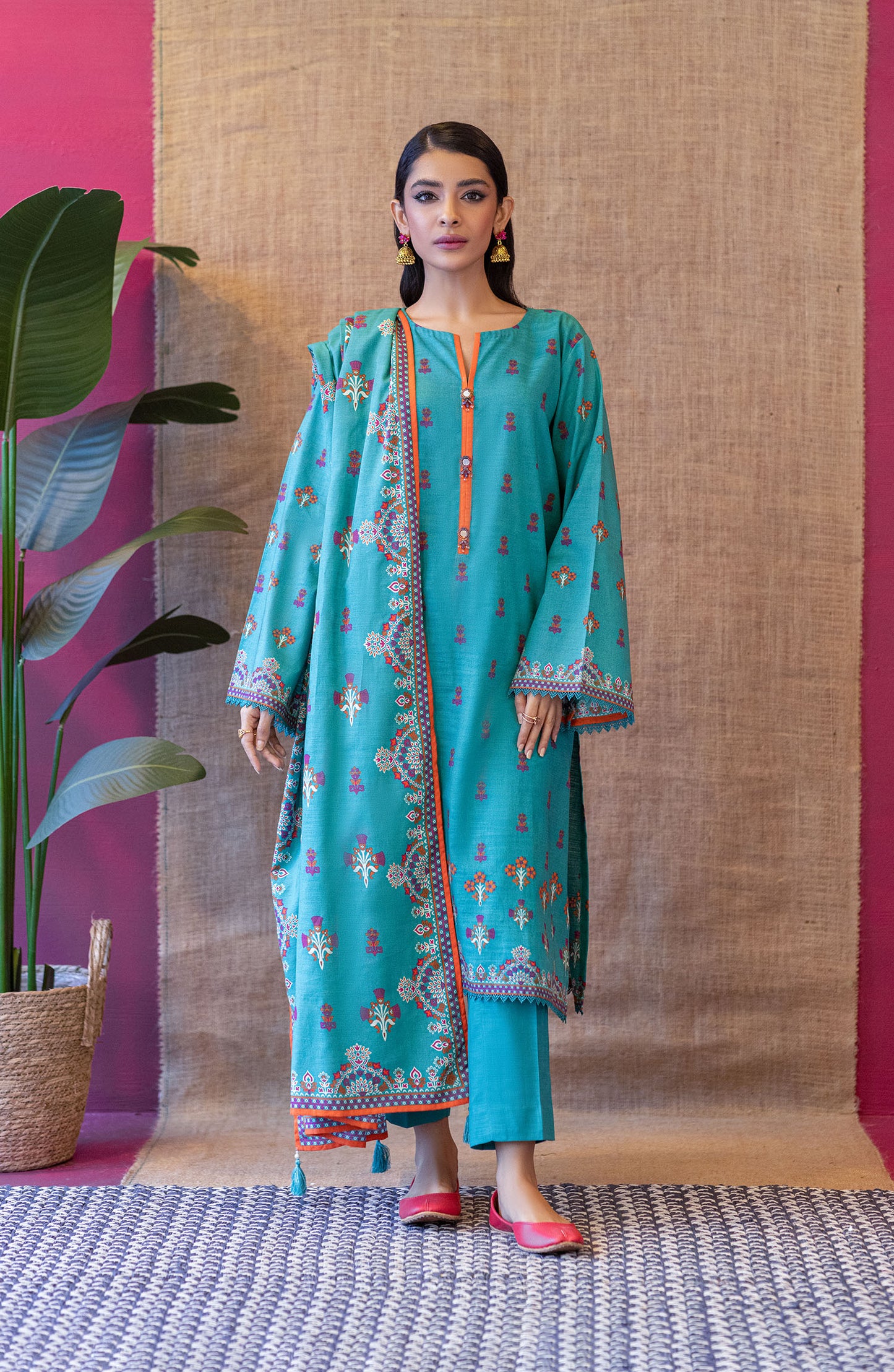 Stitched 3 Piece Printed Khaddar Shirt , Khaddar Pant and Khaddar Dupatta