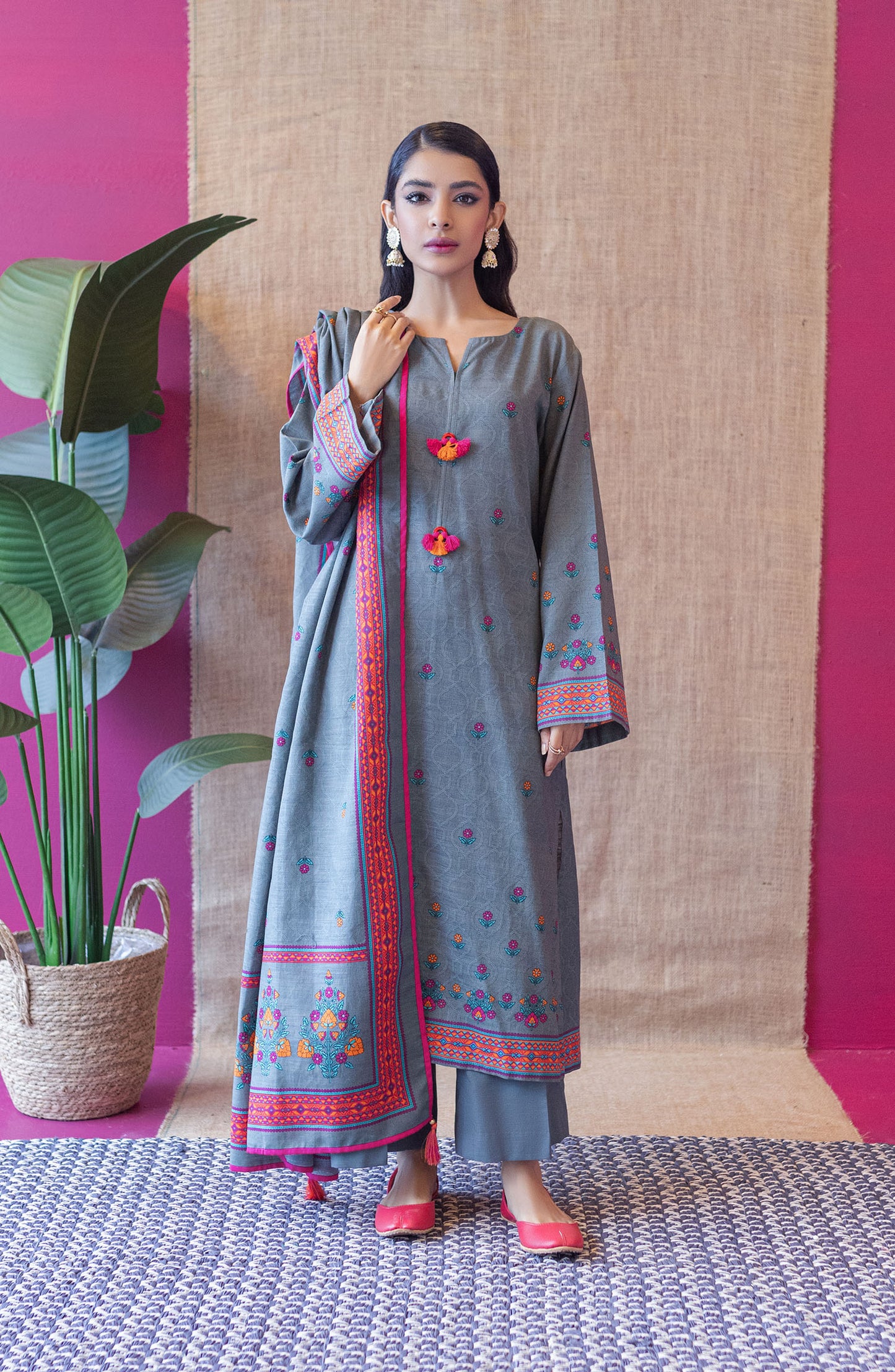 Stitched 3 Piece Printed Khaddar Shirt , Khaddar Pant and Khaddar Dupatta
