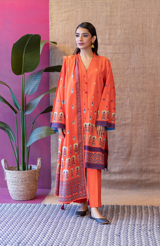 OTL-22-151/U Orange KHADDAR  UNSTITCHED SHIRT DUPATTA PANTS