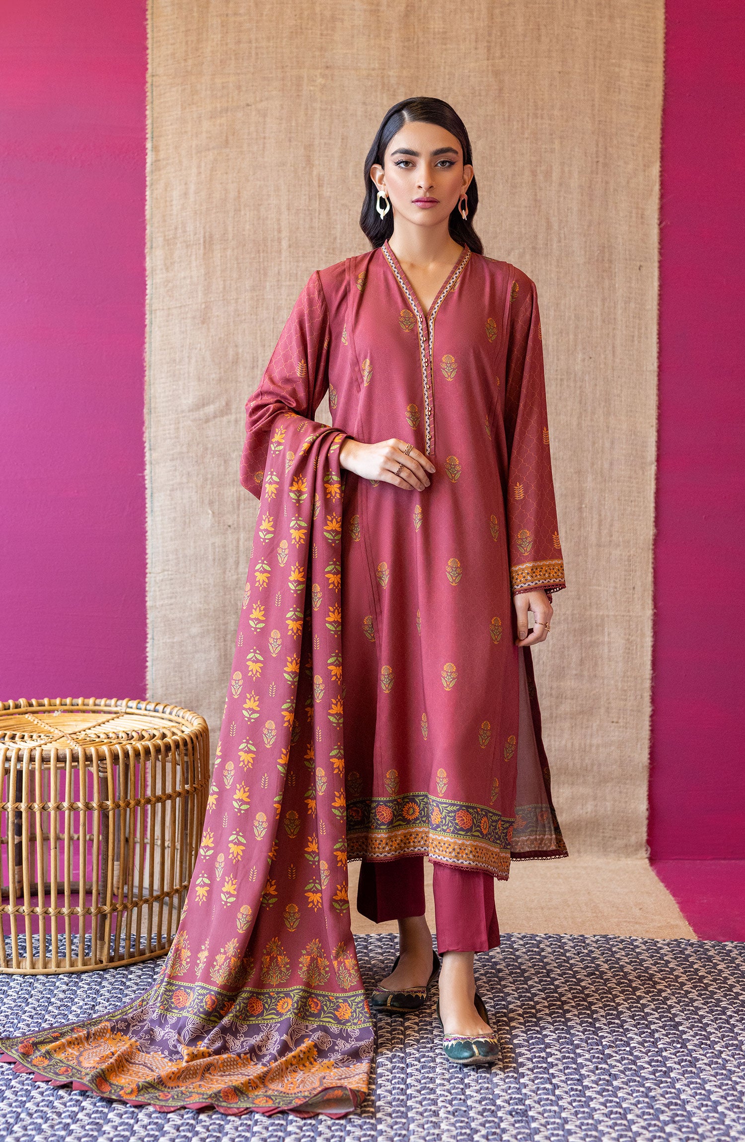 OTL-22-176/U Maroon LINEN UNSTITCHED SHIRT DUPATTA PANTS
