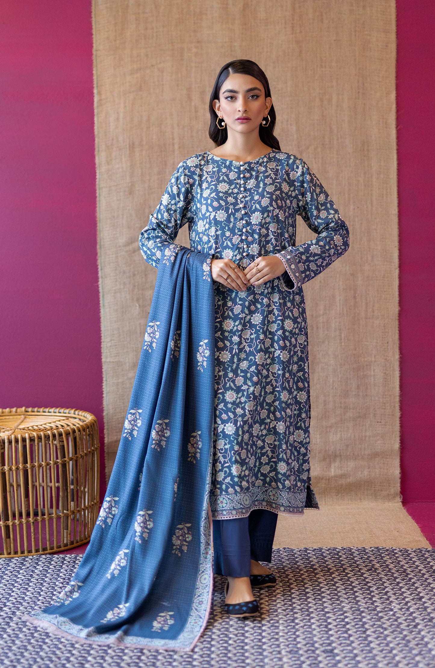 OTL-22-173/U BLUE LINEN  UNSTITCHED SHIRT DUPATTA PANTS