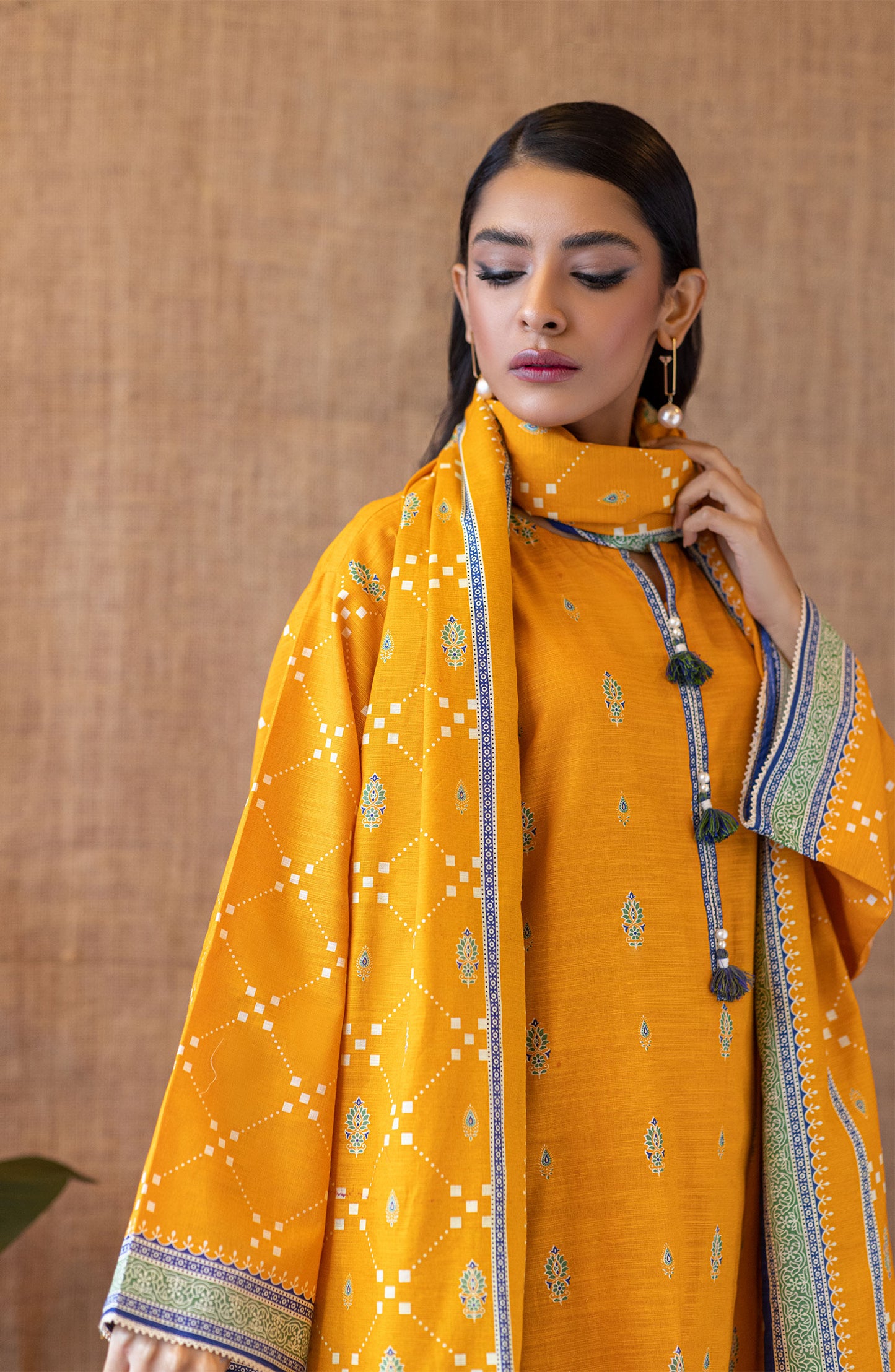 OTL-22-152/U YELLOW KHADDAR  UNSTITCHED SHIRT DUPATTA PANTS