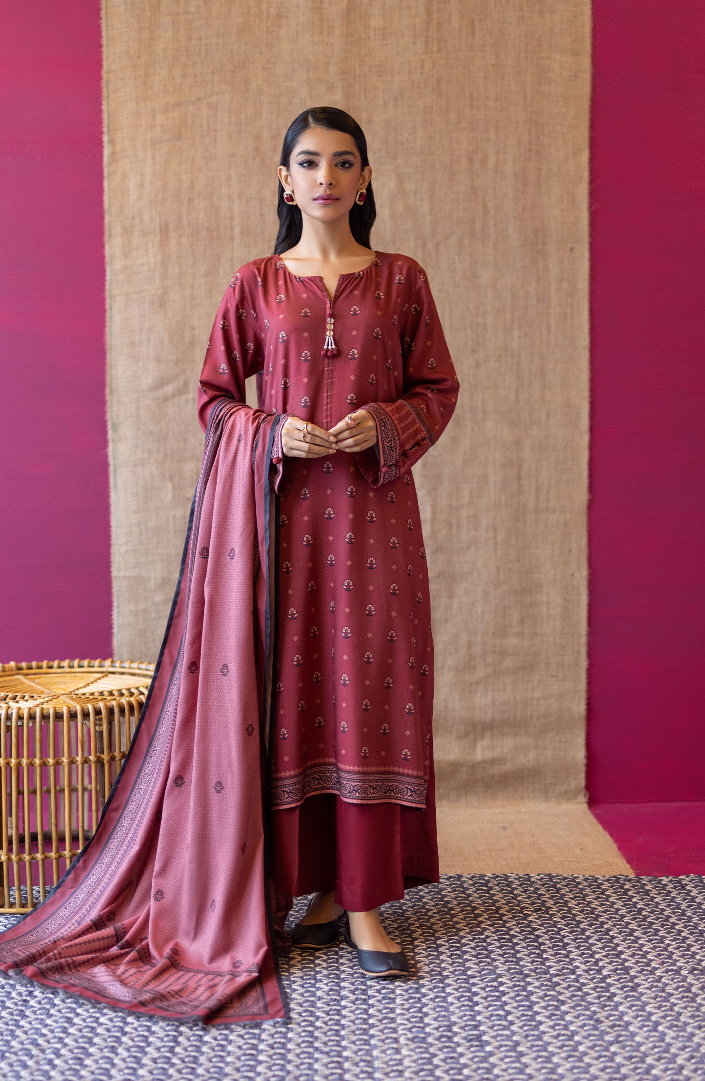OTL-22-161/U Maroon LINEN  UNSTITCHED SHIRT DUPATTA PANTS