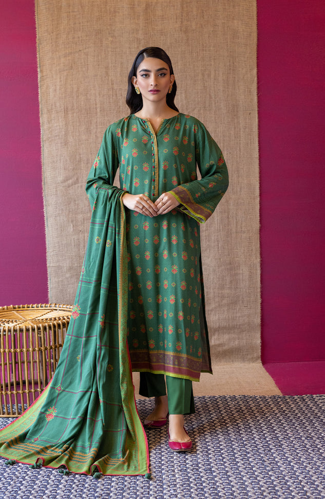 OTL-22-178/U GREEN LINEN  UNSTITCHED SHIRT DUPATTA PANTS