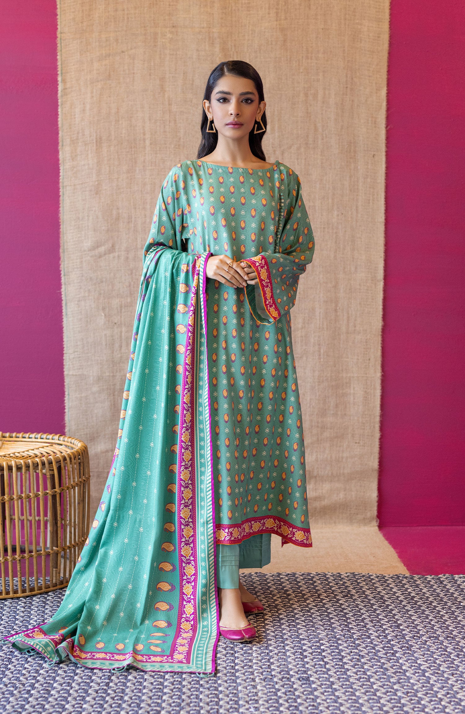 OTL-22-177/U GREEN LINEN  UNSTITCHED SHIRT DUPATTA PANTS