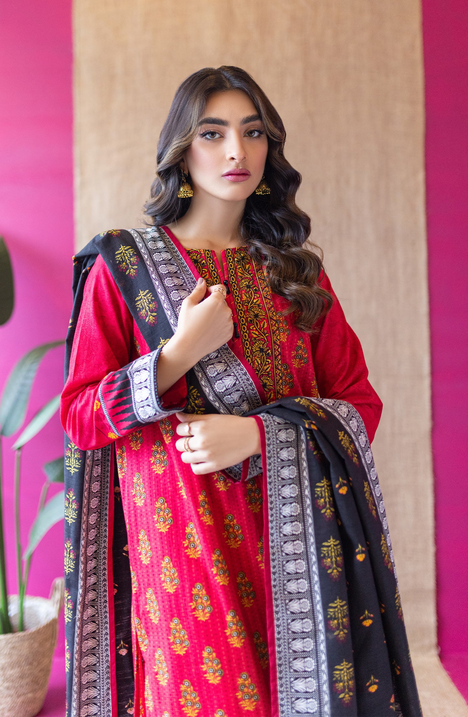 OTL-22-126/U RED KHADDAR  UNSTITCHED SHIRT DUPATTA PANTS