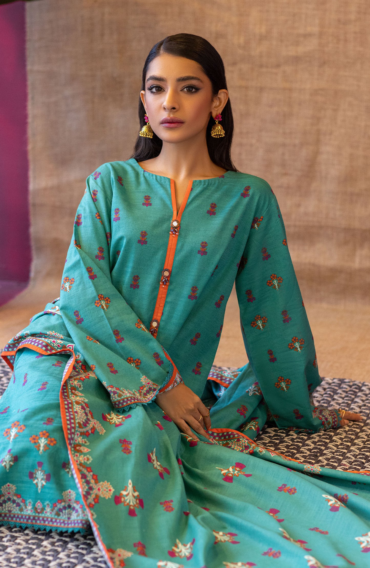 Stitched 3 Piece Printed Khaddar Shirt , Khaddar Pant and Khaddar Dupatta