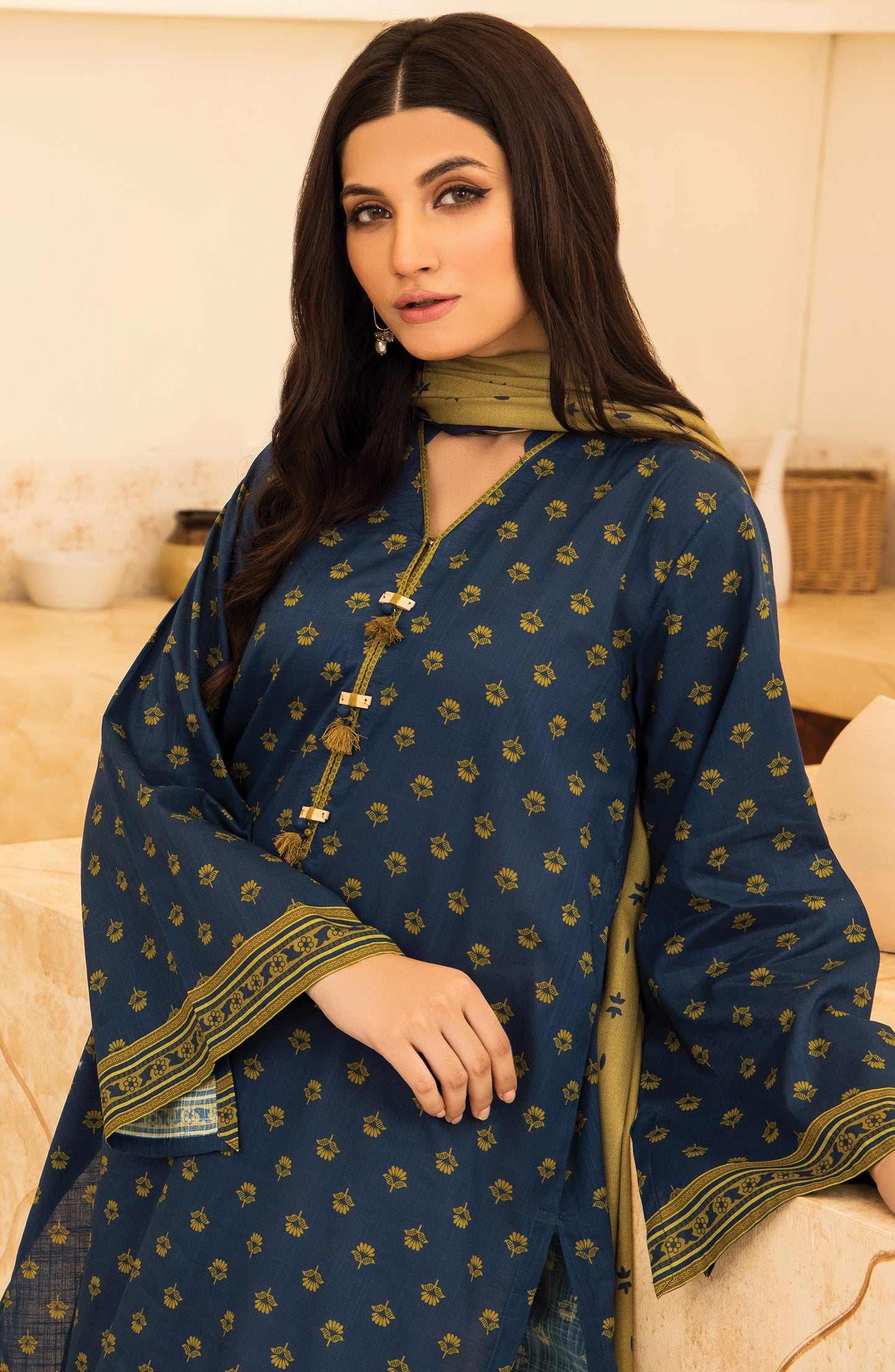 Unstitched 2 Piece Printed Khaddar Shirt and Acrylic Shawl Dupatta