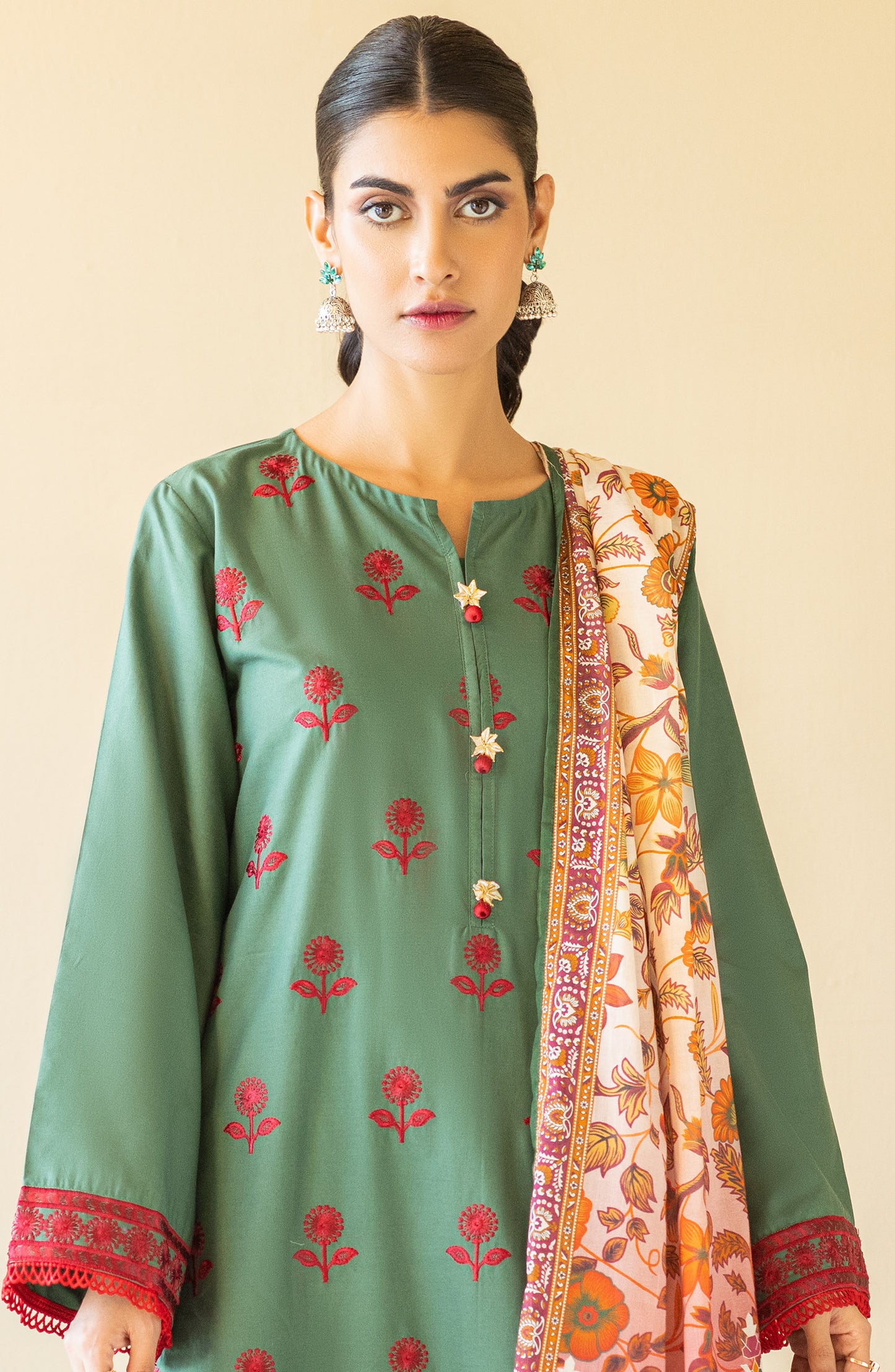 OTL-22-210/U GREEN CAMBRIC  UNSTITCHED SHIRT DUPATTA PANTS