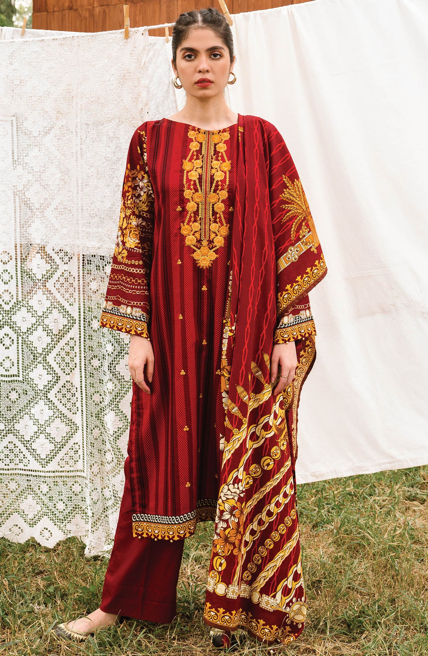 Red Unstitched Cottel Shirt Dupatta and Pants