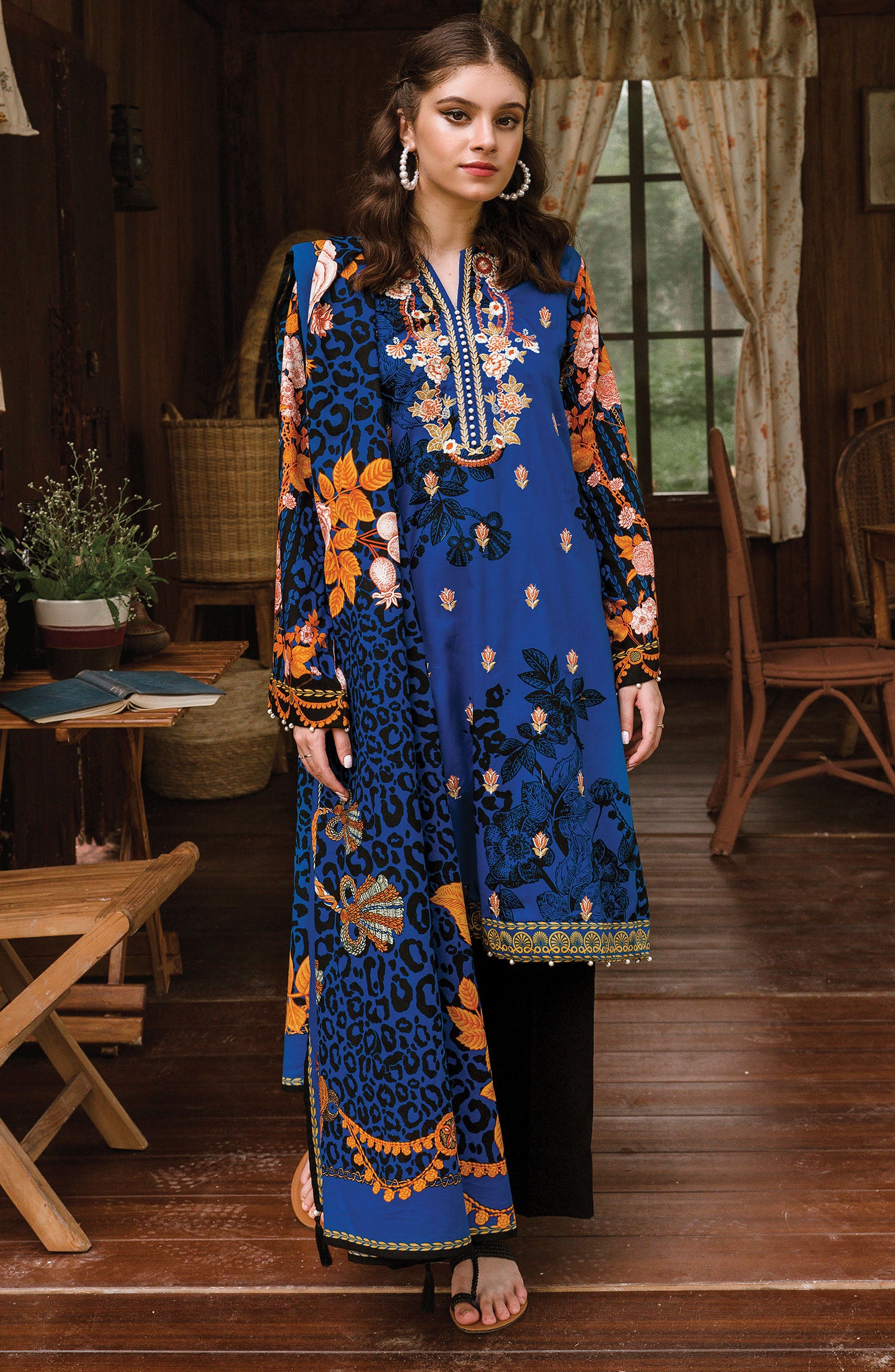 Blue Unstitched Cottel Shirt Dupatta and Pants