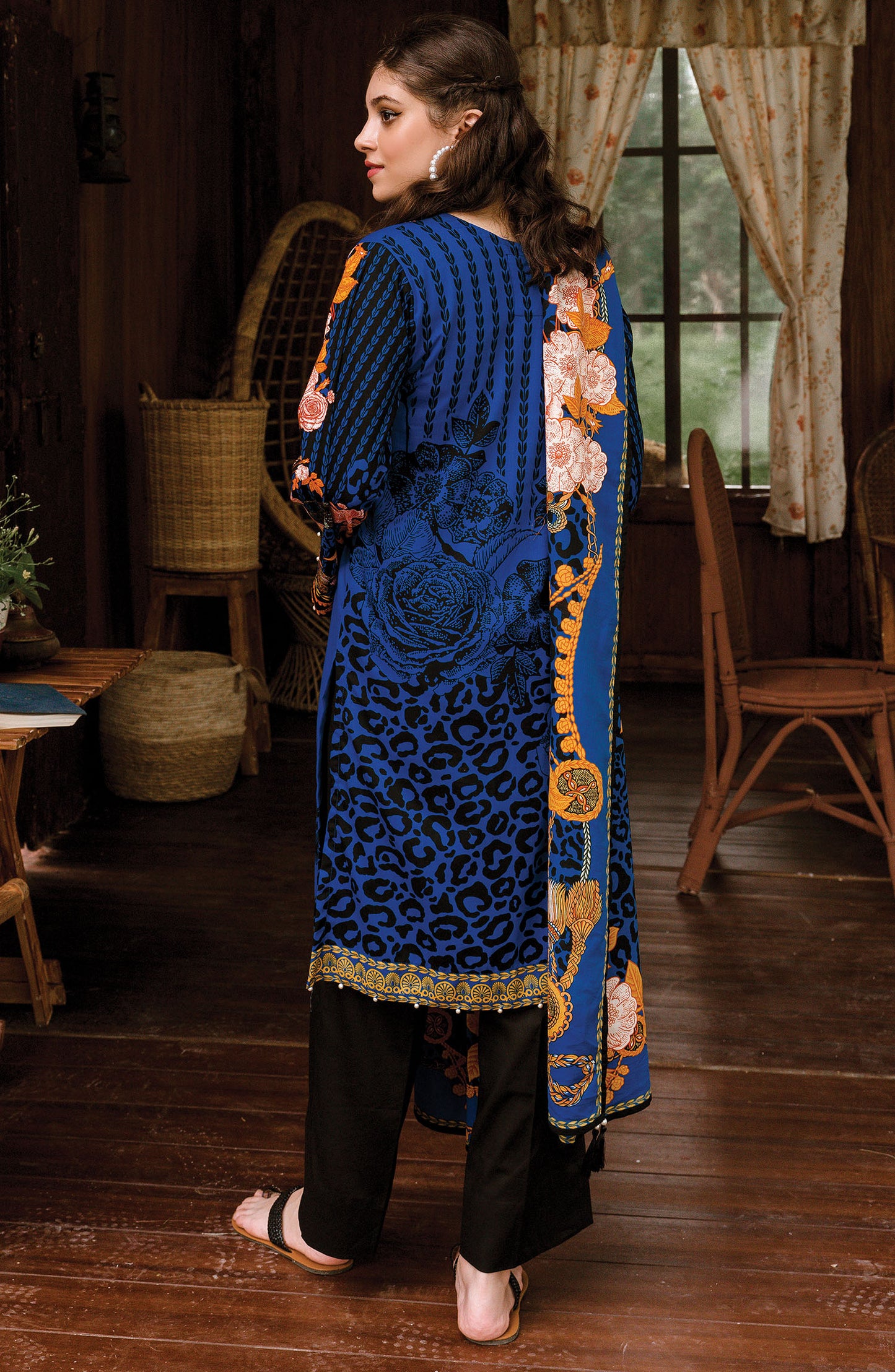 Blue Unstitched Cottel Shirt Dupatta and Pants