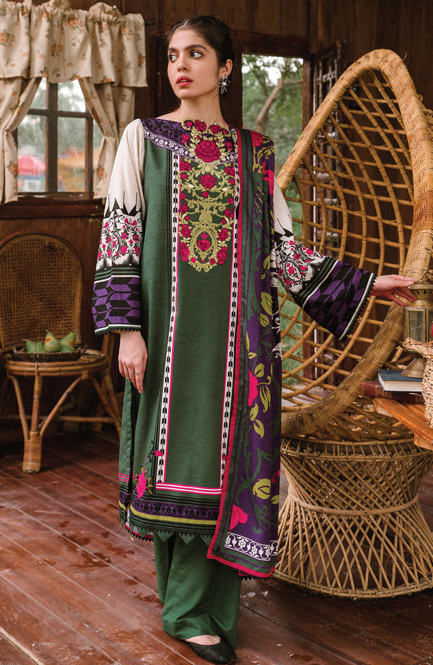 Green Unstitched Khaddar Shirt Dupatta and Pants