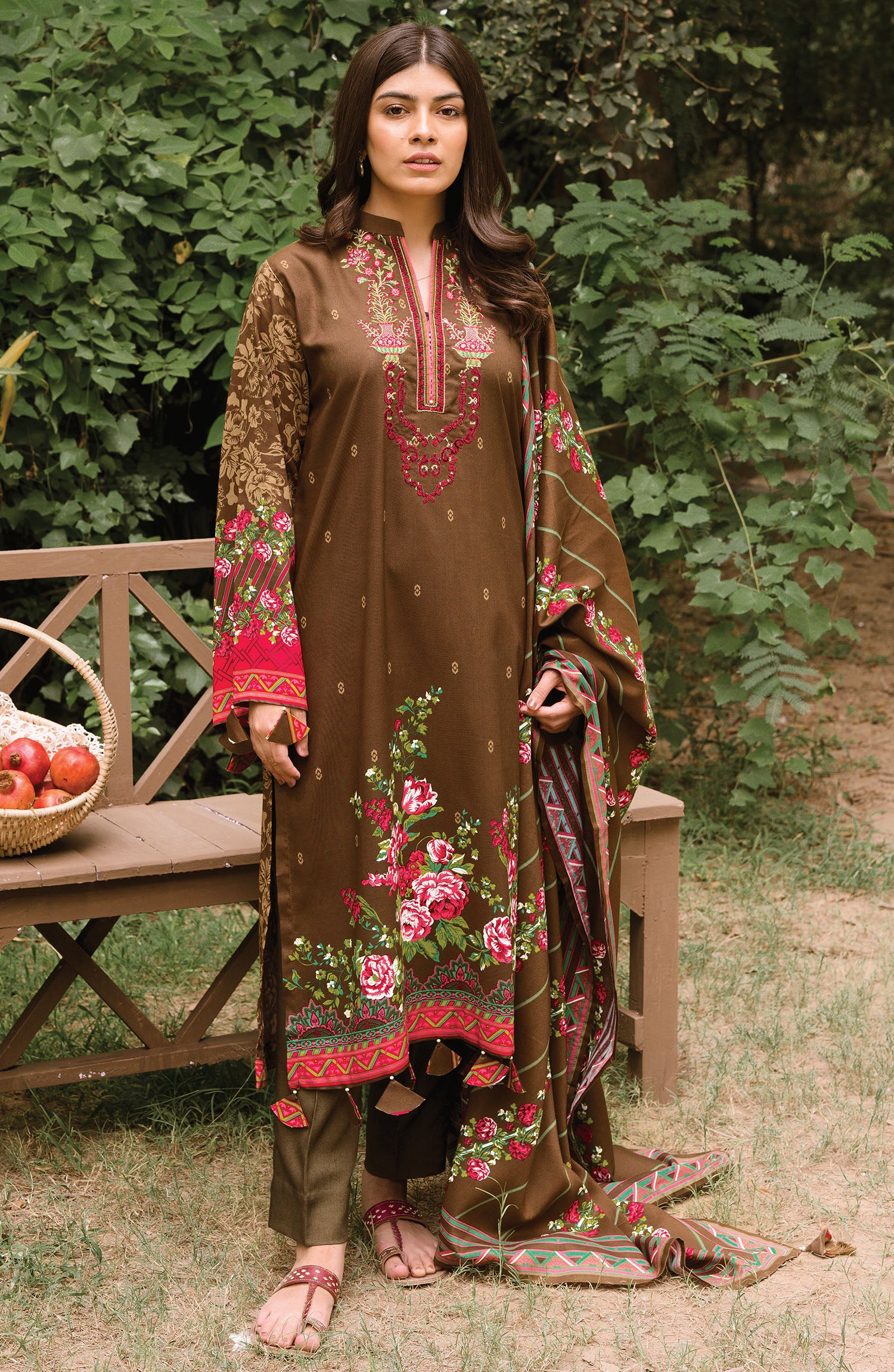 Unstitched 3 Piece Embroidered Linen Suit (OTL-20-204/B (BROWN))