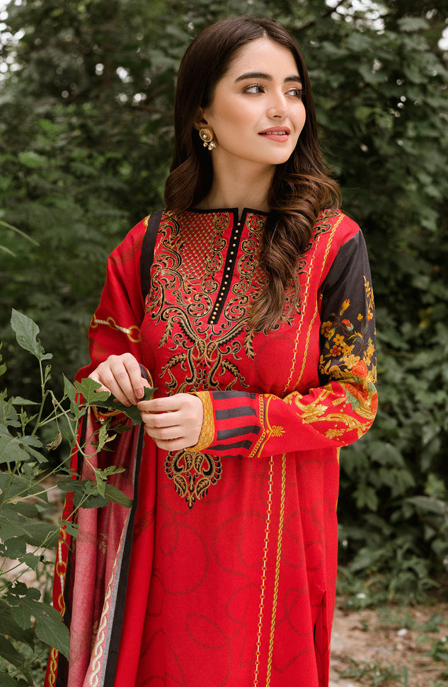Unstitched 3 Piece Embroidered Cotton Linen Suit