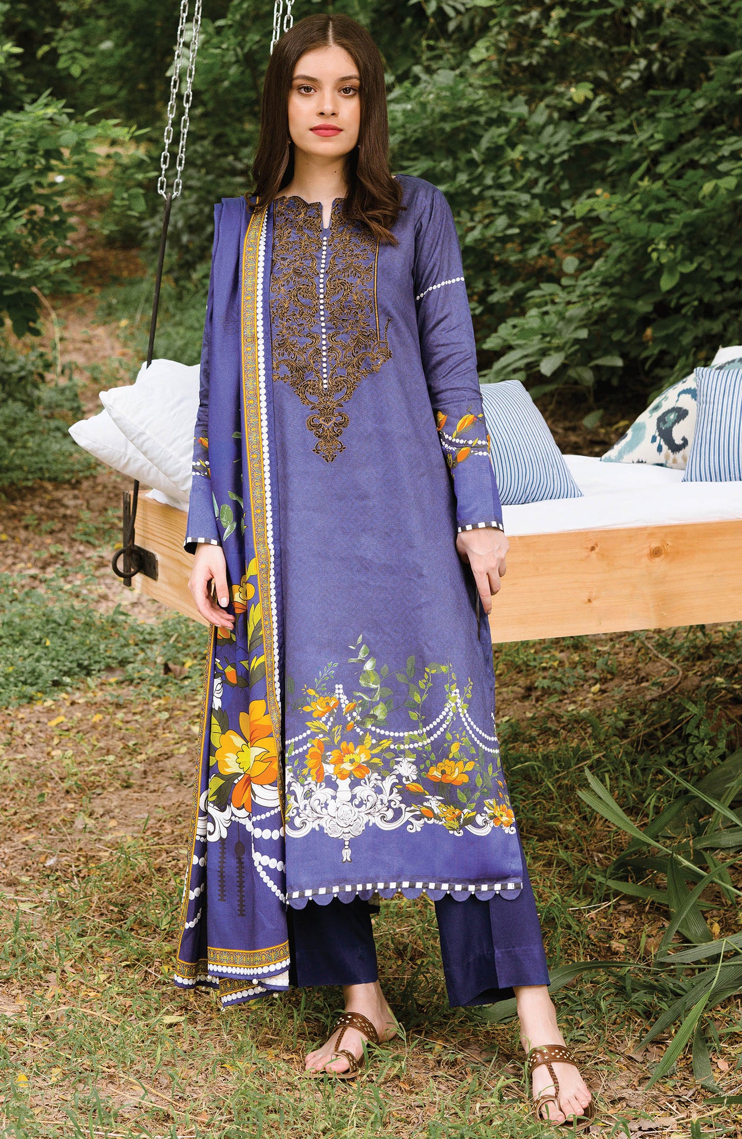 Unstitched 3 Piece Embroidered Cotton Linen Suit (OTL-20-215/B (BLUE))