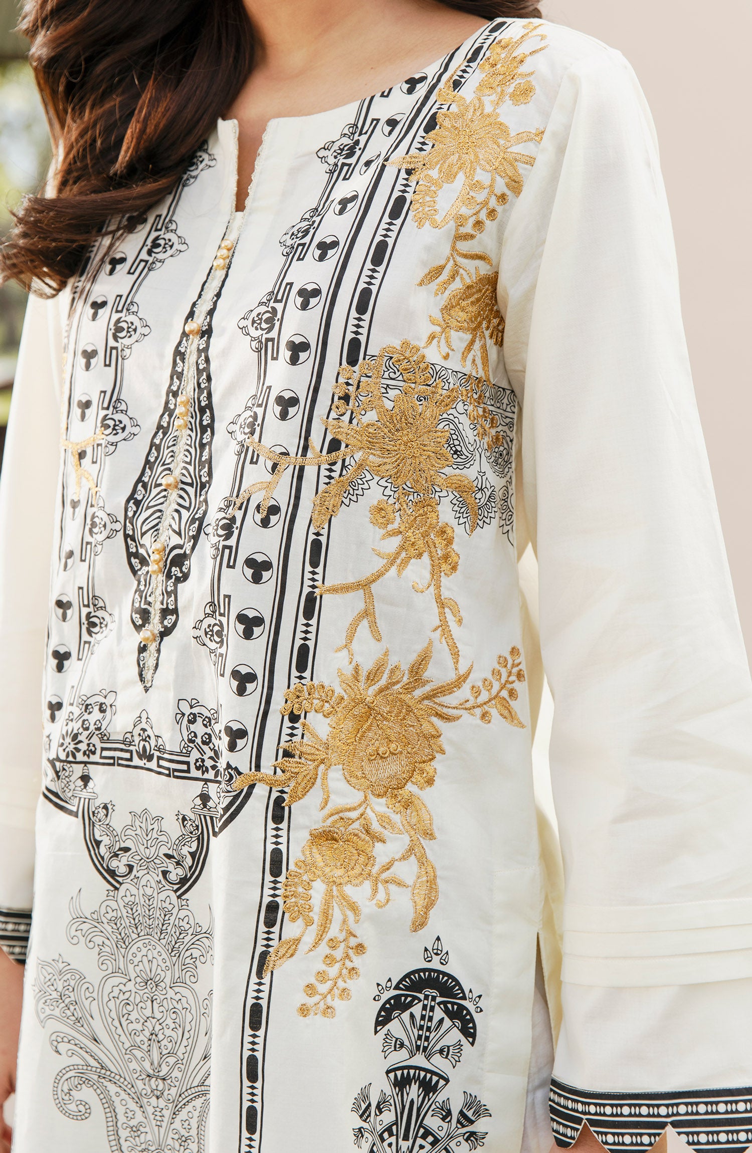 Stitched 1 Piece Embroidered Cambric Shirt (NRD-362/S BEIGE)