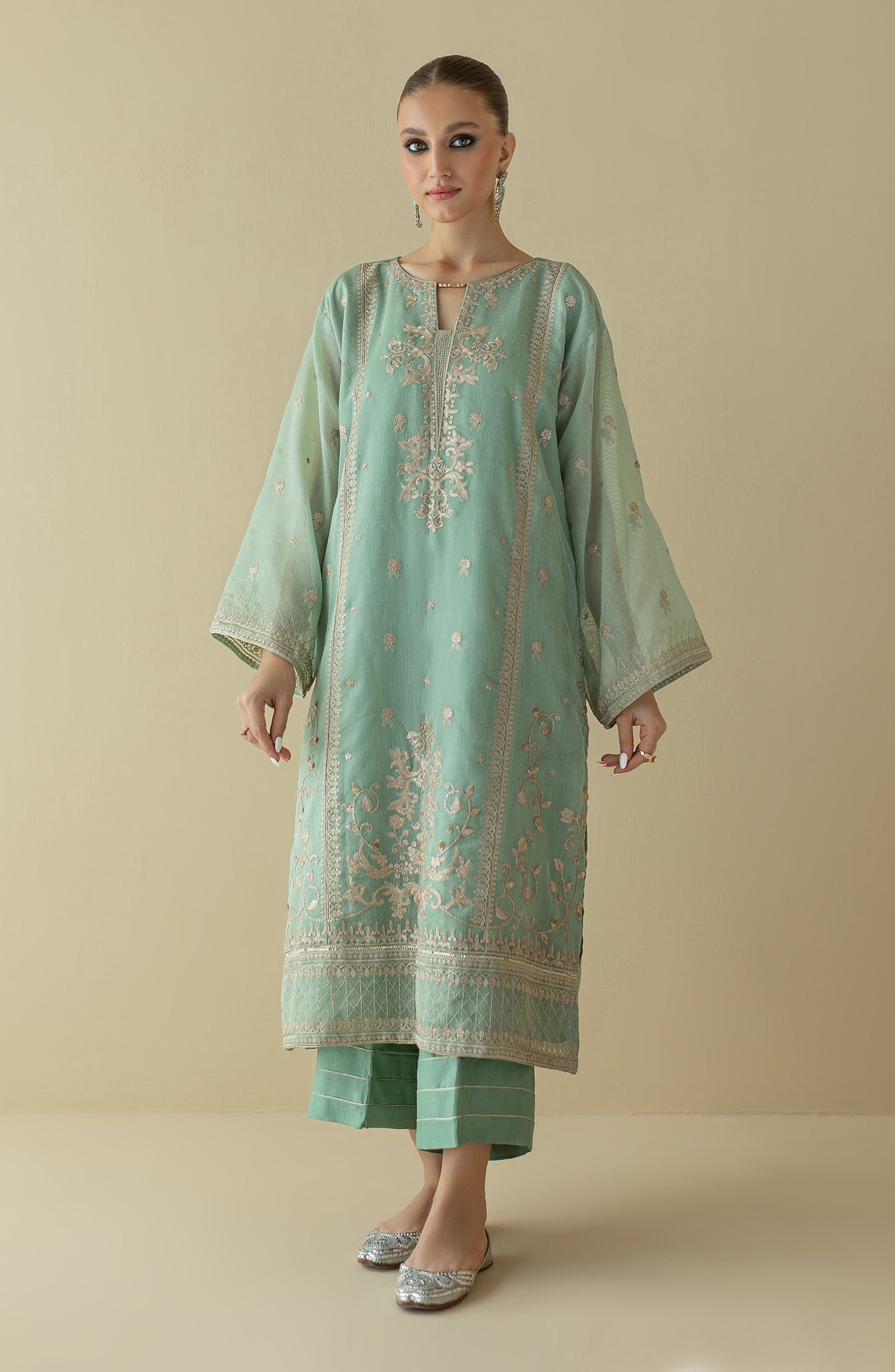 NF-ST-22-004 L.GREEN KHADDI NET  READY TO WEAR SHIRT PANTS