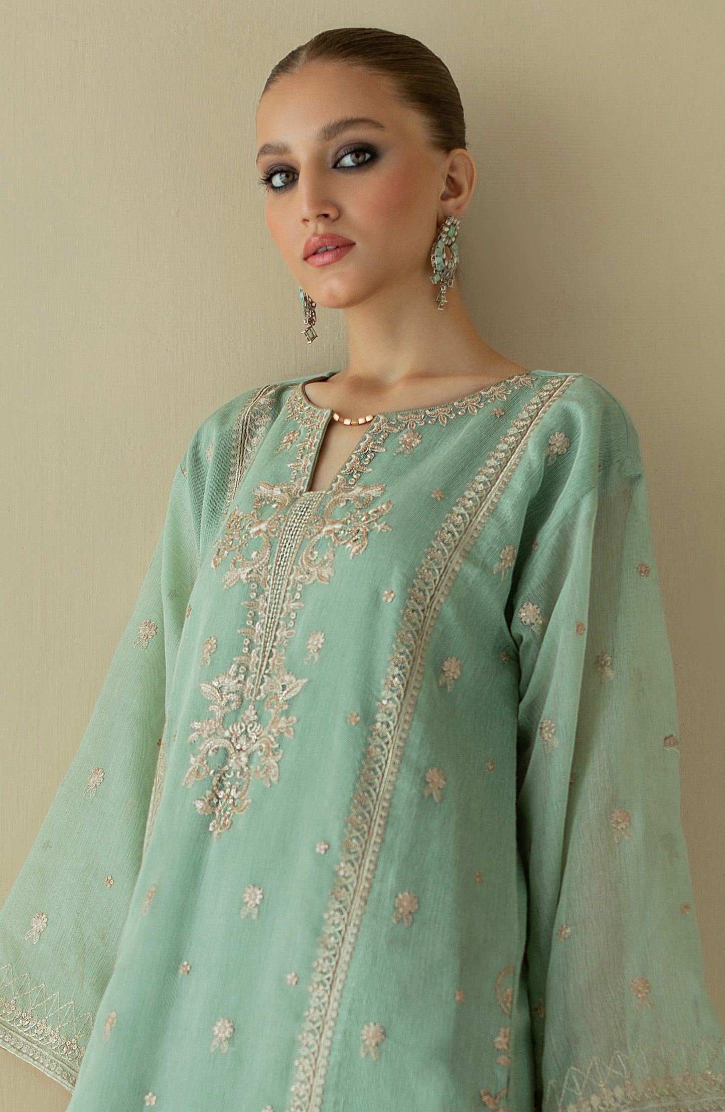 NF-ST-22-004 L.GREEN KHADDI NET  READY TO WEAR SHIRT PANTS