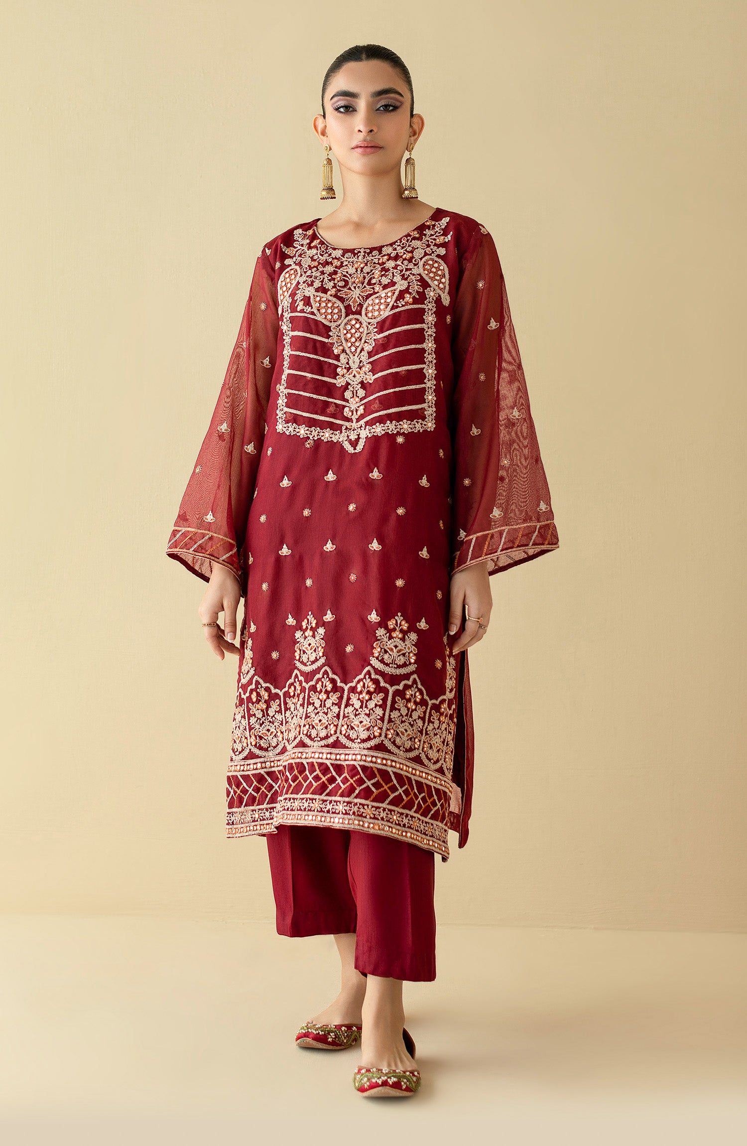 NF-ST-22-002 MAROON KHADDI NET  READY TO WEAR SHIRT PANTS