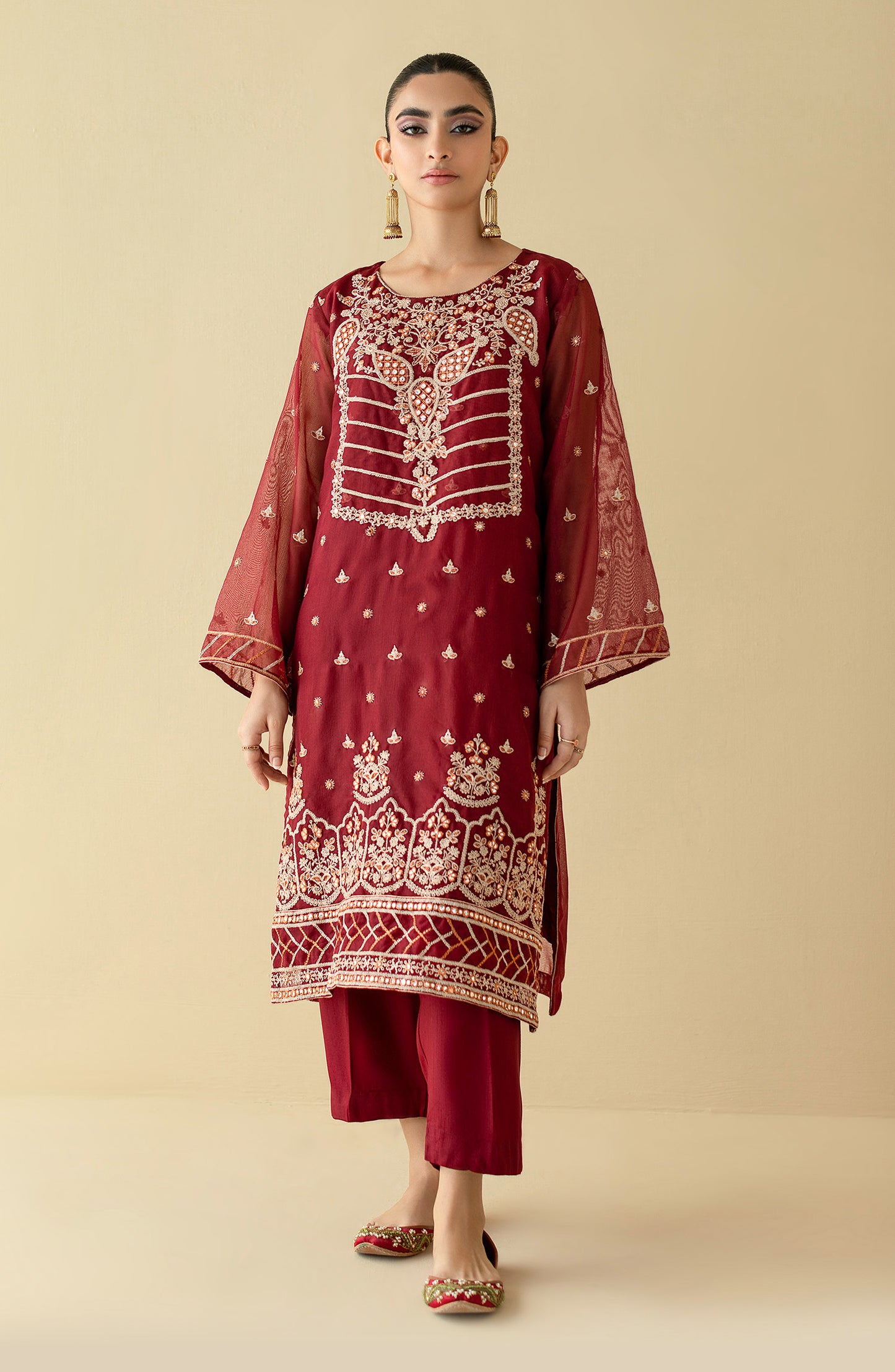 NF-ST-22-002 MAROON KHADDI NET  READY TO WEAR SHIRT PANTS