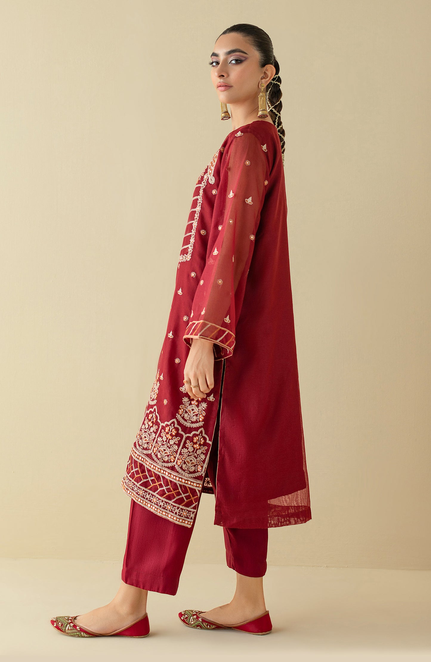 NF-ST-22-002 MAROON KHADDI NET  READY TO WEAR SHIRT PANTS