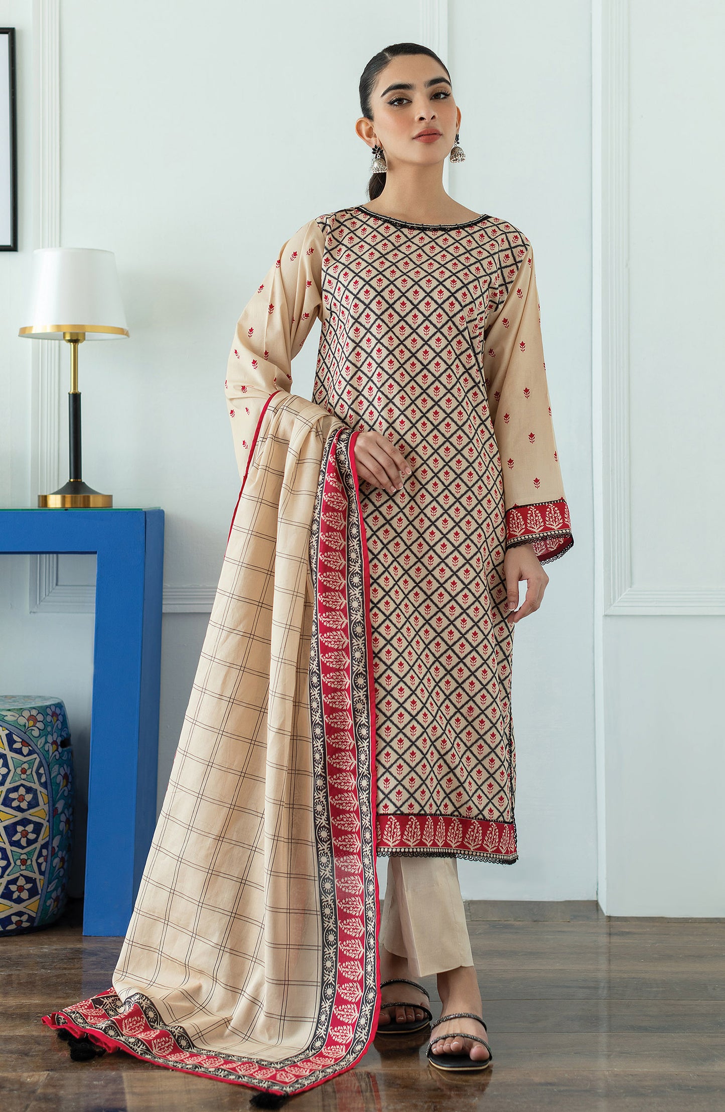 OTL-23-254/U BEIGE LAWN  UNSTITCHED SHIRT DUPATTA PANTS