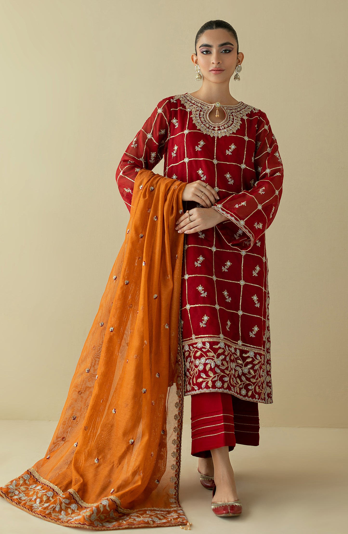 NF-SDT-22-005/S RED COTTON NET  READY TO WEAR SHIRT DUPATTA PANTS