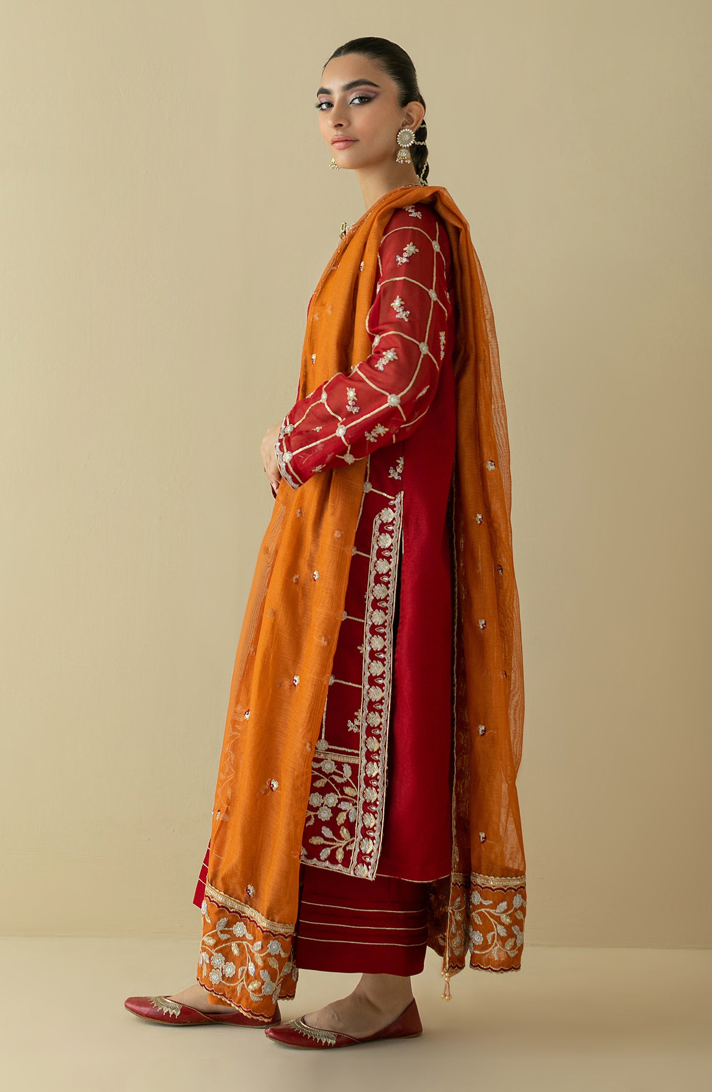NF-SDT-22-005/S RED COTTON NET  READY TO WEAR SHIRT DUPATTA PANTS