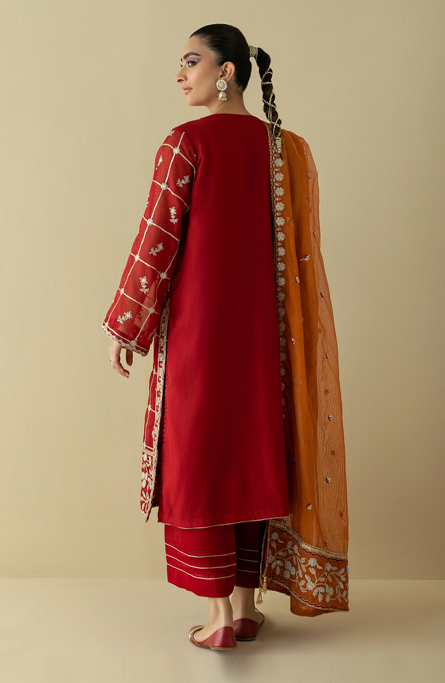 NF-SDT-22-005/S RED COTTON NET  READY TO WEAR SHIRT DUPATTA PANTS