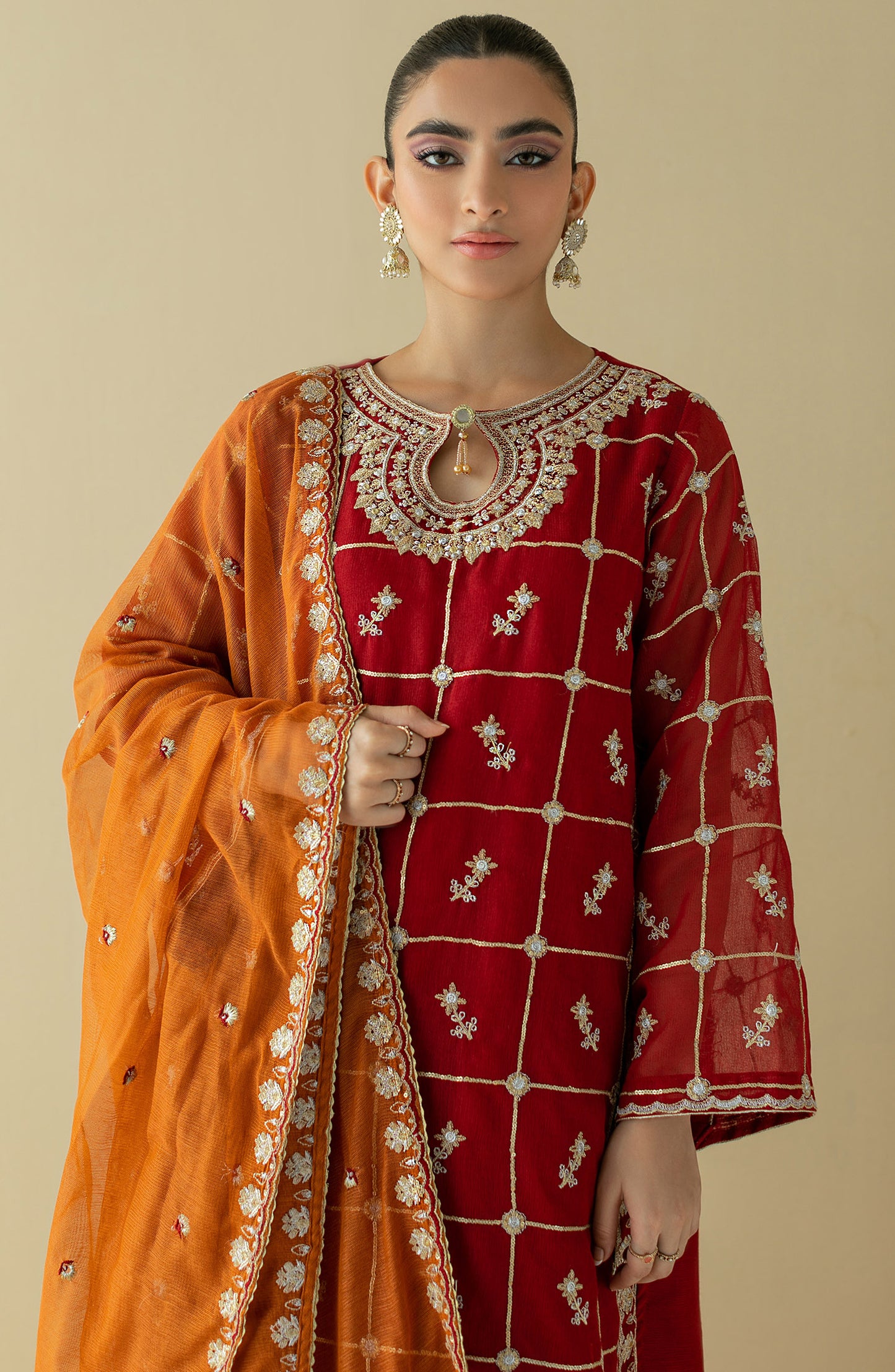 NF-SDT-22-005/S RED COTTON NET  READY TO WEAR SHIRT DUPATTA PANTS