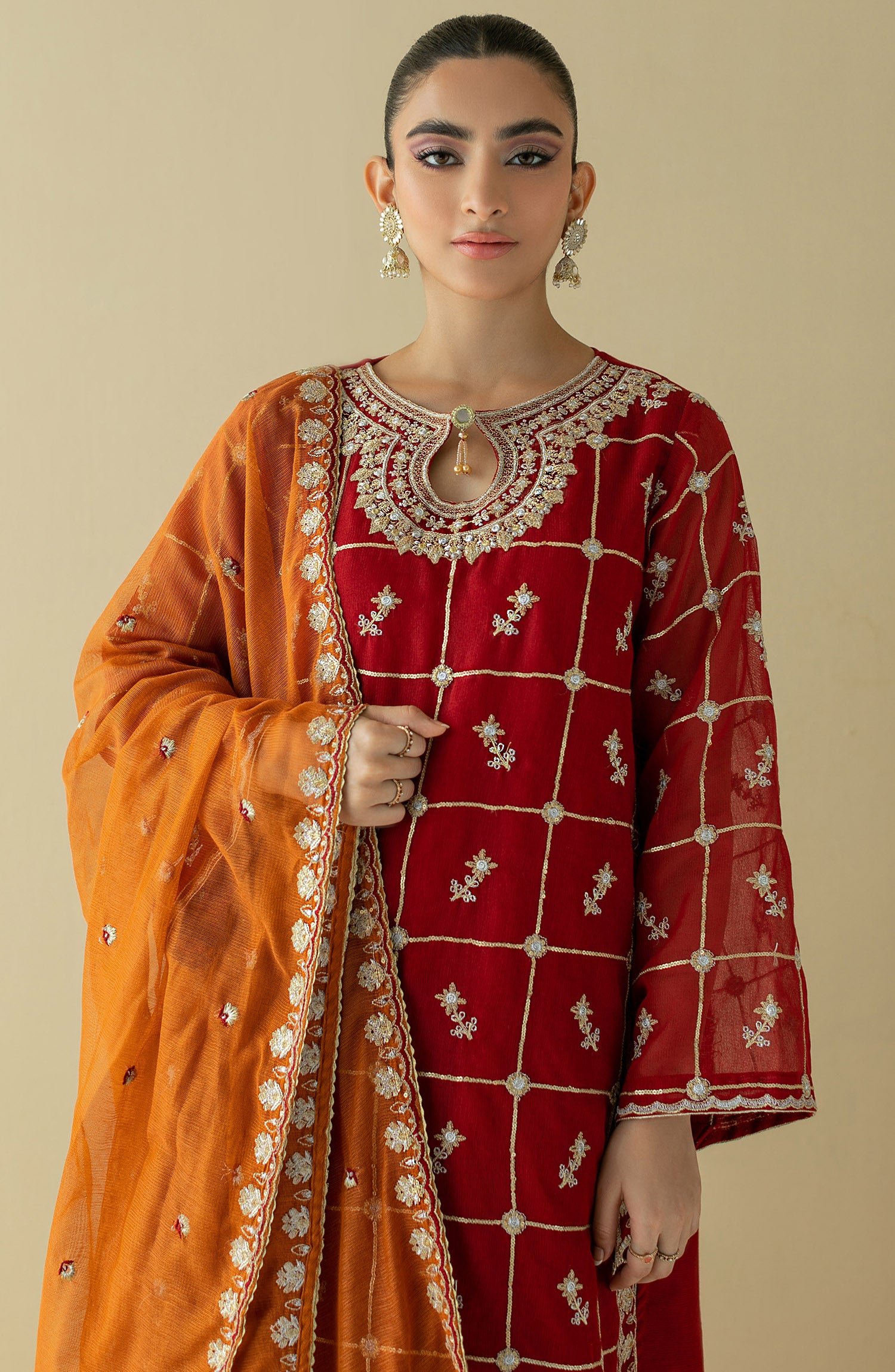 NF-SDT-22-005/S RED COTTON NET  READY TO WEAR SHIRT DUPATTA PANTS