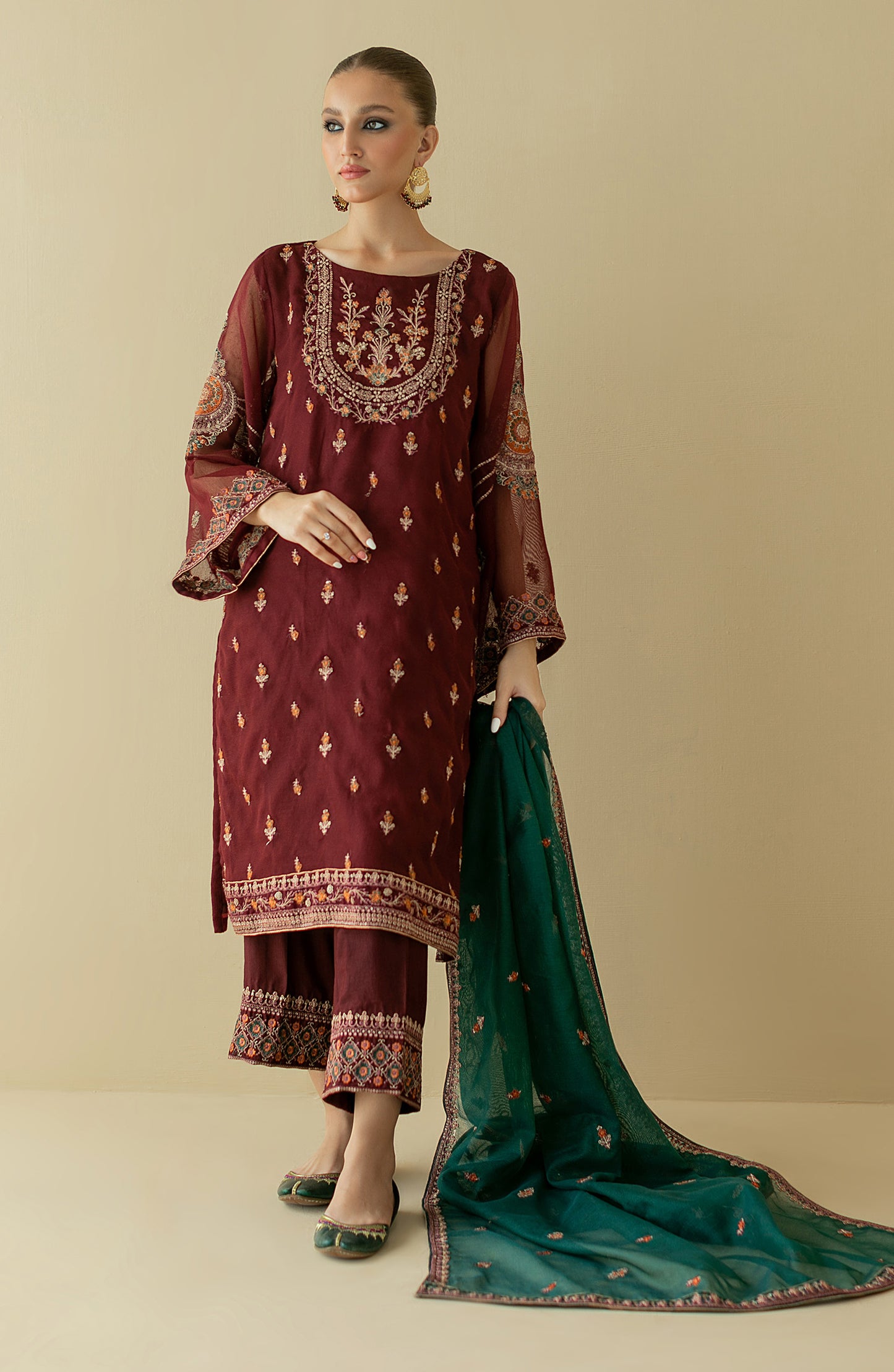 NF-SDT-22-003/S MAROON COTTON NET  READY TO WEAR SHIRT DUPATTA PANTS