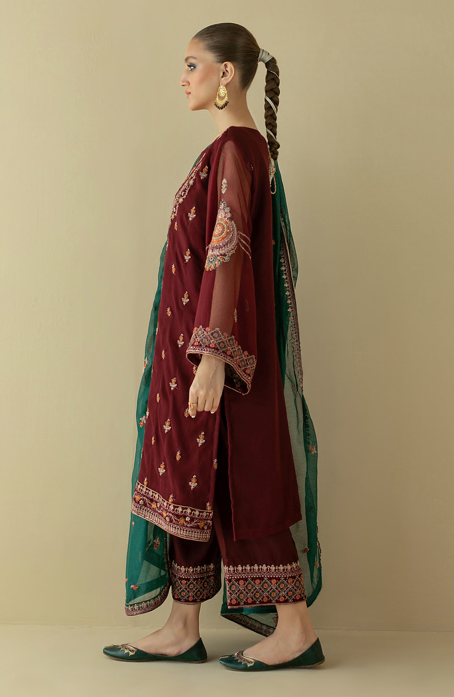 NF-SDT-22-003/S MAROON COTTON NET  READY TO WEAR SHIRT DUPATTA PANTS