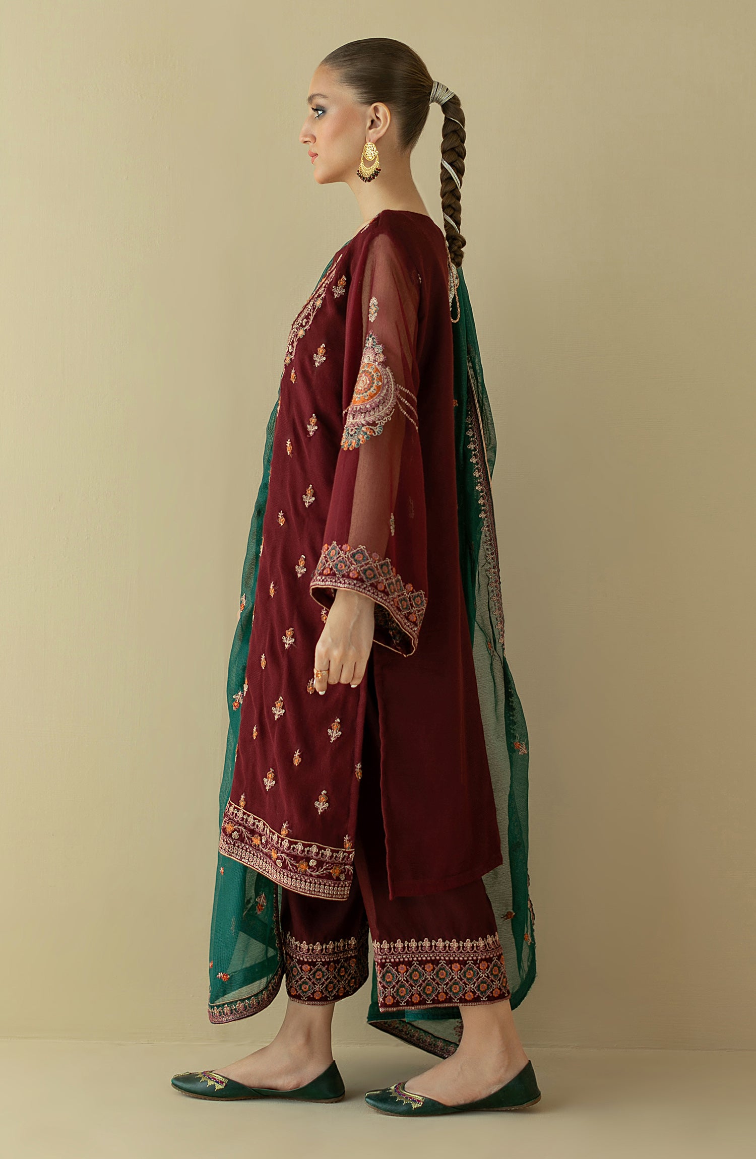 NF-SDT-22-003/S MAROON COTTON NET  READY TO WEAR SHIRT DUPATTA PANTS