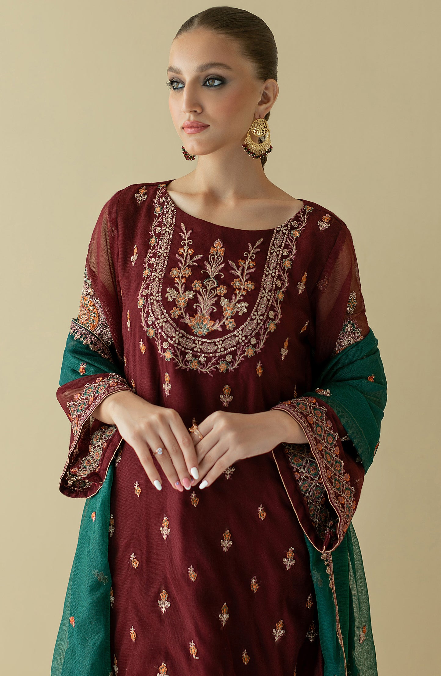 NF-SDT-22-003/S MAROON COTTON NET  READY TO WEAR SHIRT DUPATTA PANTS