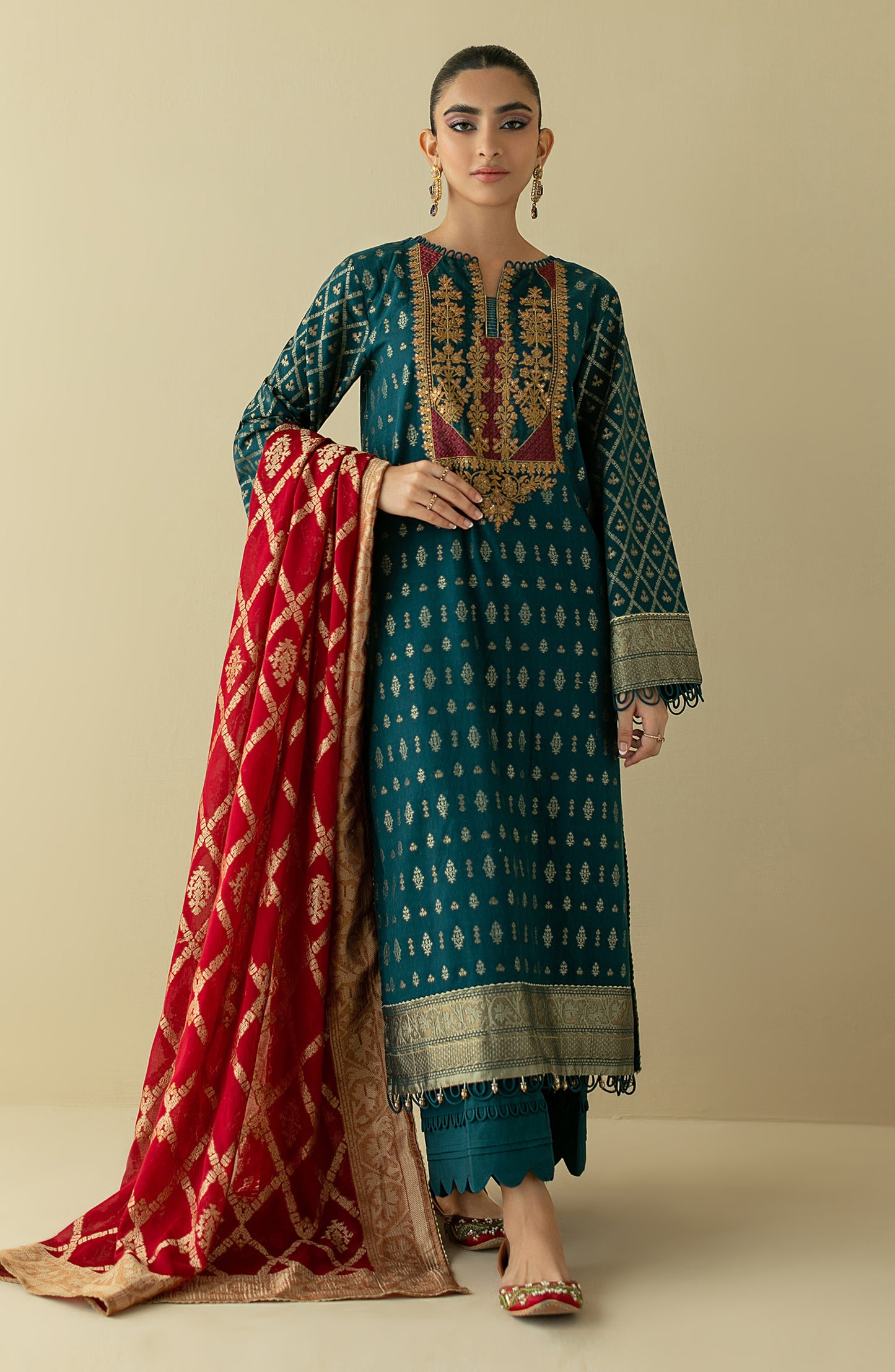 OTLF-22-020/U TEAL JACQUARD  UNSTITCHED SHIRT DUPATTA PANTS