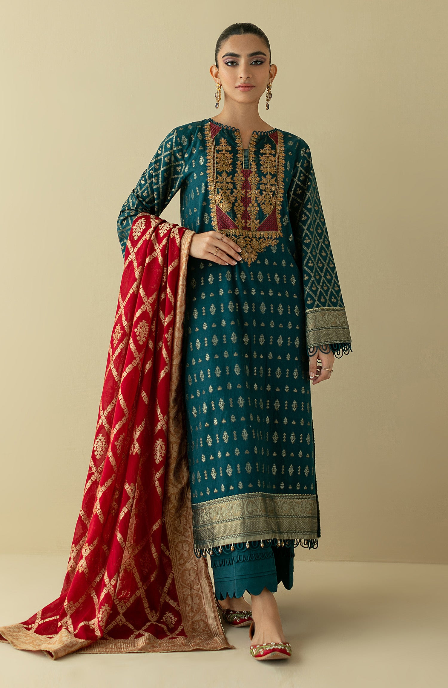 OTLF-22-020/U TEAL JACQUARD  UNSTITCHED SHIRT DUPATTA PANTS